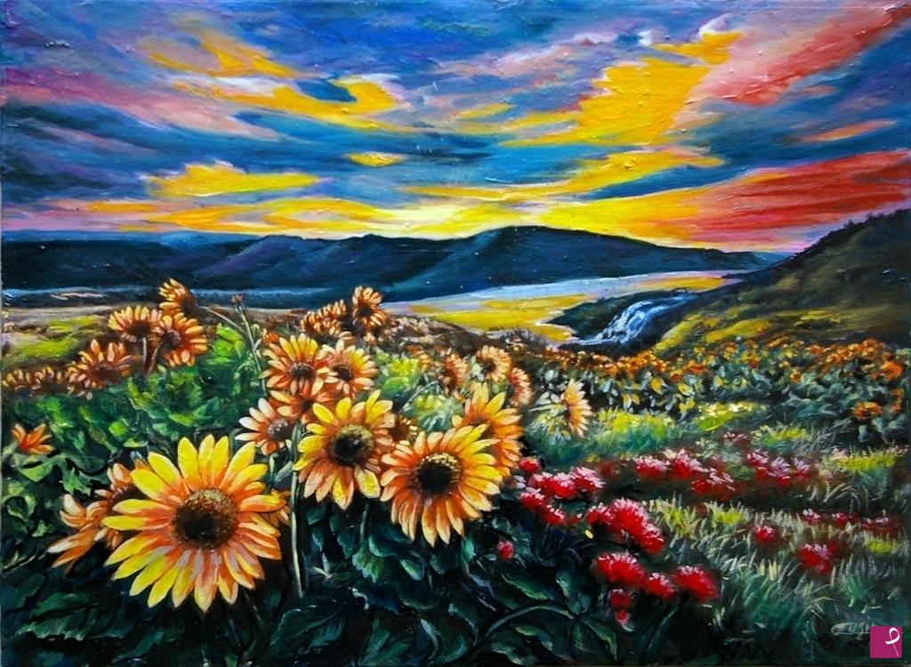 quadri in vendita online - 1340VVC      PAESAGGIO CON GIRASOLI
