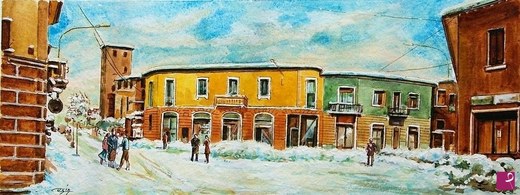 quadri in vendita online - 1377	PIAZZA FUMAGALLI CON LA NEVE  