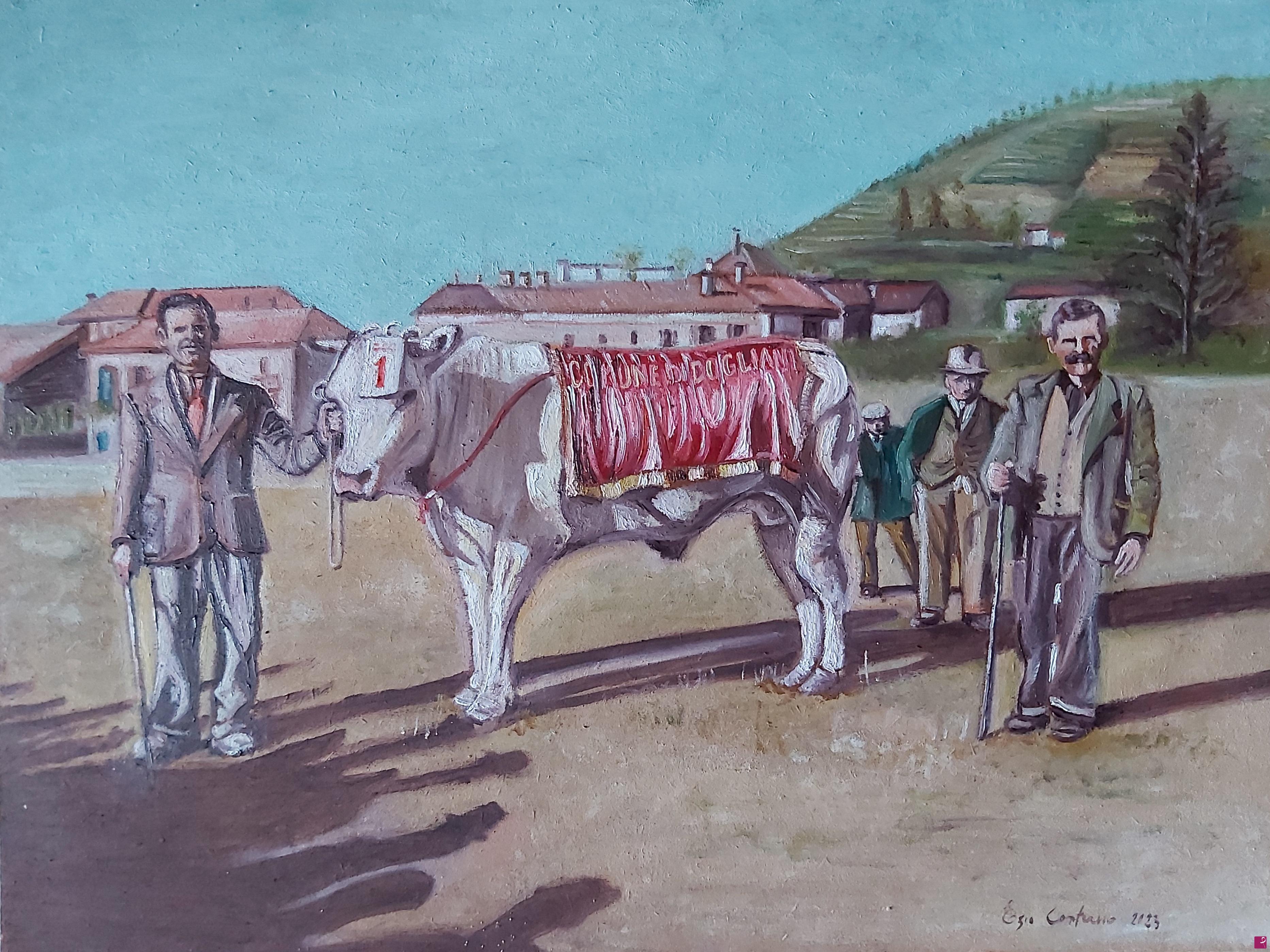 quadri in vendita online - 1948 Dogliani "1^ Premio alla Fiera del Bue Grasso" nonno Benvenuto e zio Carlo Conterno