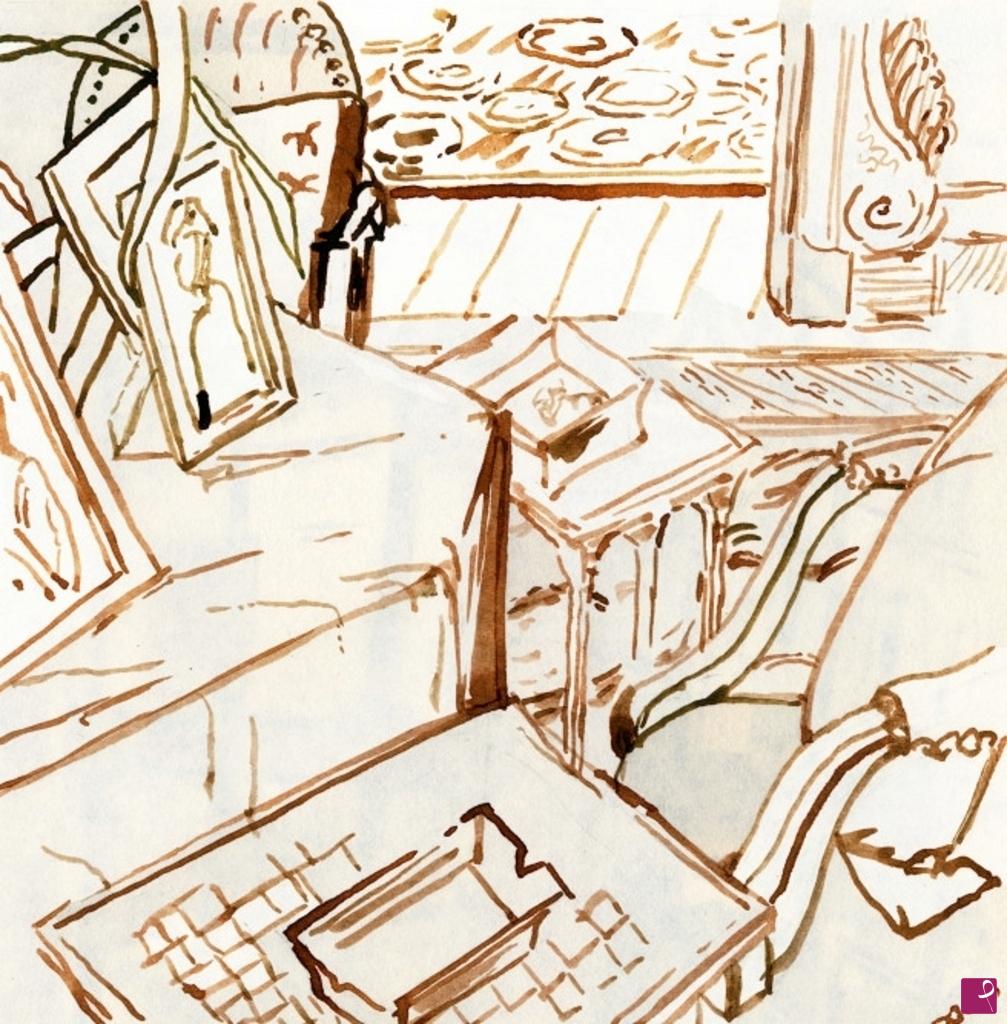 quadri in vendita online - 248. - Interno con tavolo e portafotografie (Interior with table and photo frames)