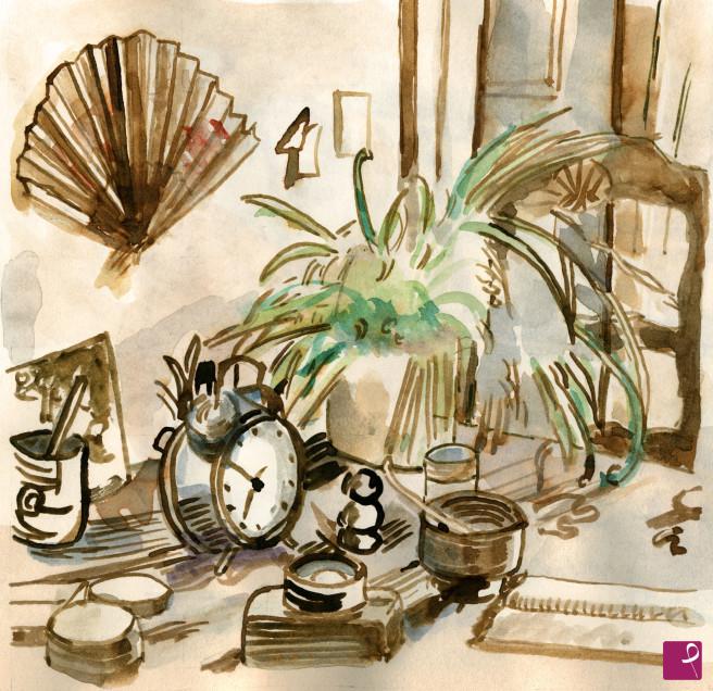 quadri in vendita online - 261. - Interno con tavolo e pianta (interior with table and plant), 2017