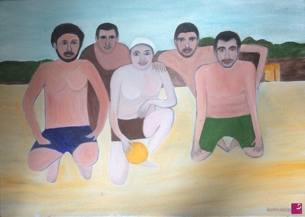 quadri in vendita online - 5 amici sulla spiaggia di Formentera