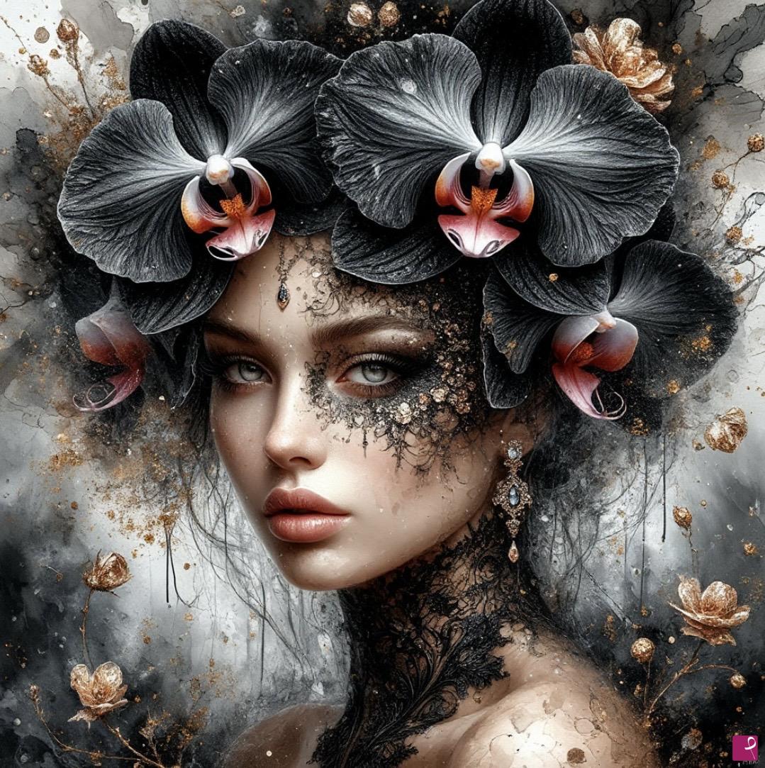 quadri in vendita online - A black archidea flower in the form of a beautiful woman