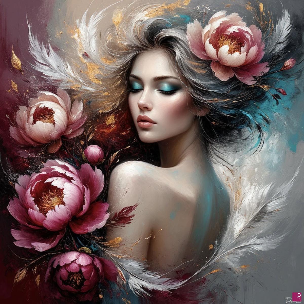 quadri in vendita online - A bouquet of peonies in her hands