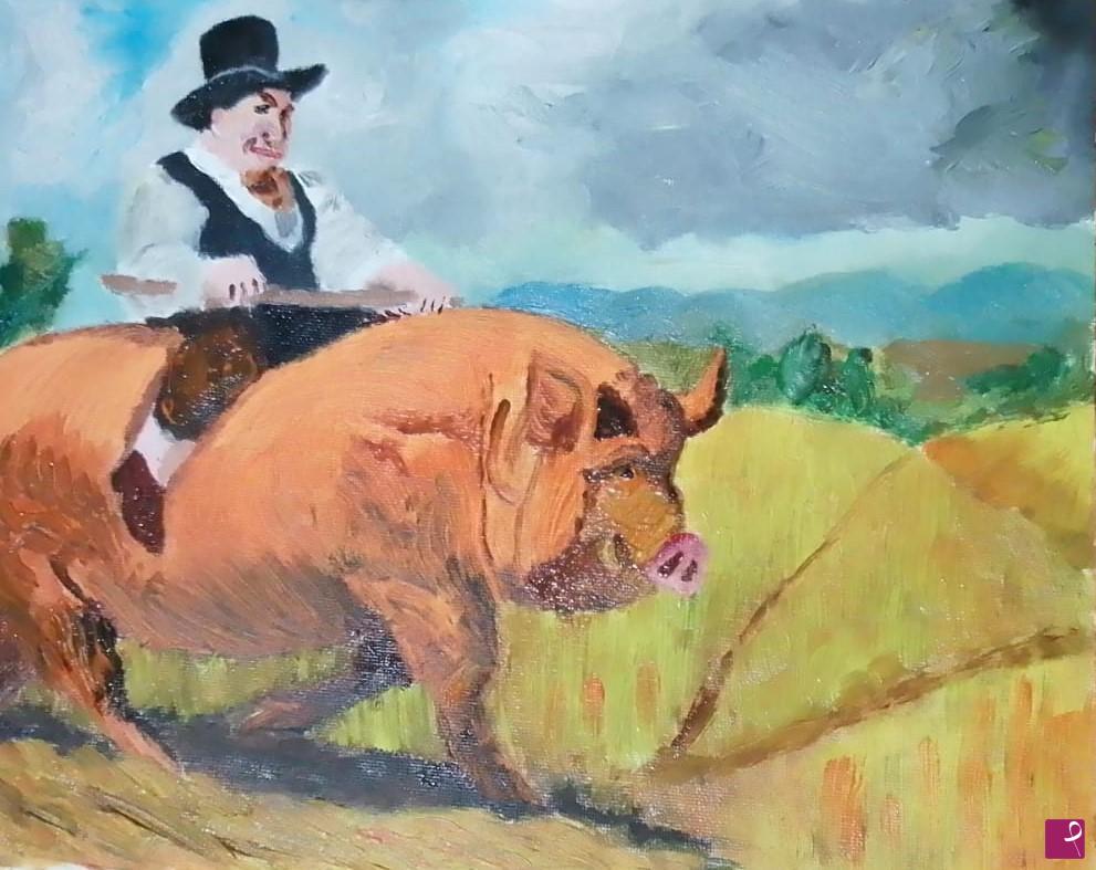 quadri in vendita online - A farmer riding a large sow through a wheat field