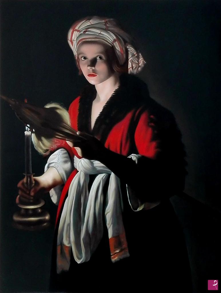quadri in vendita online - A young woman holding a distaff before a lit candle