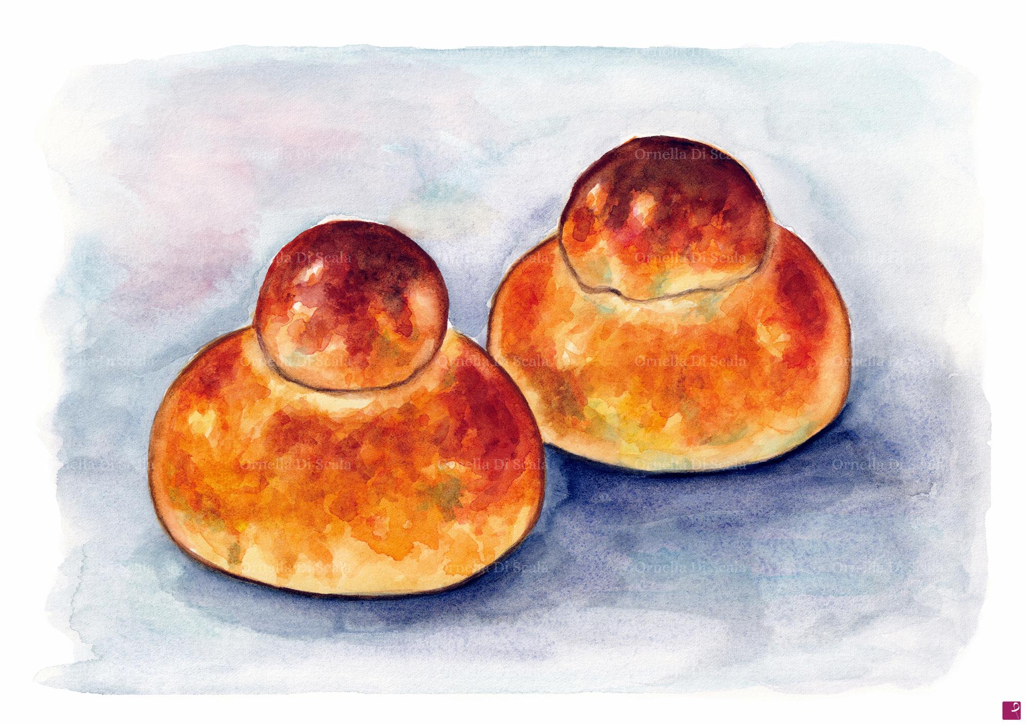 quadri in vendita online - Acquerello brioche col tuppo siciliana