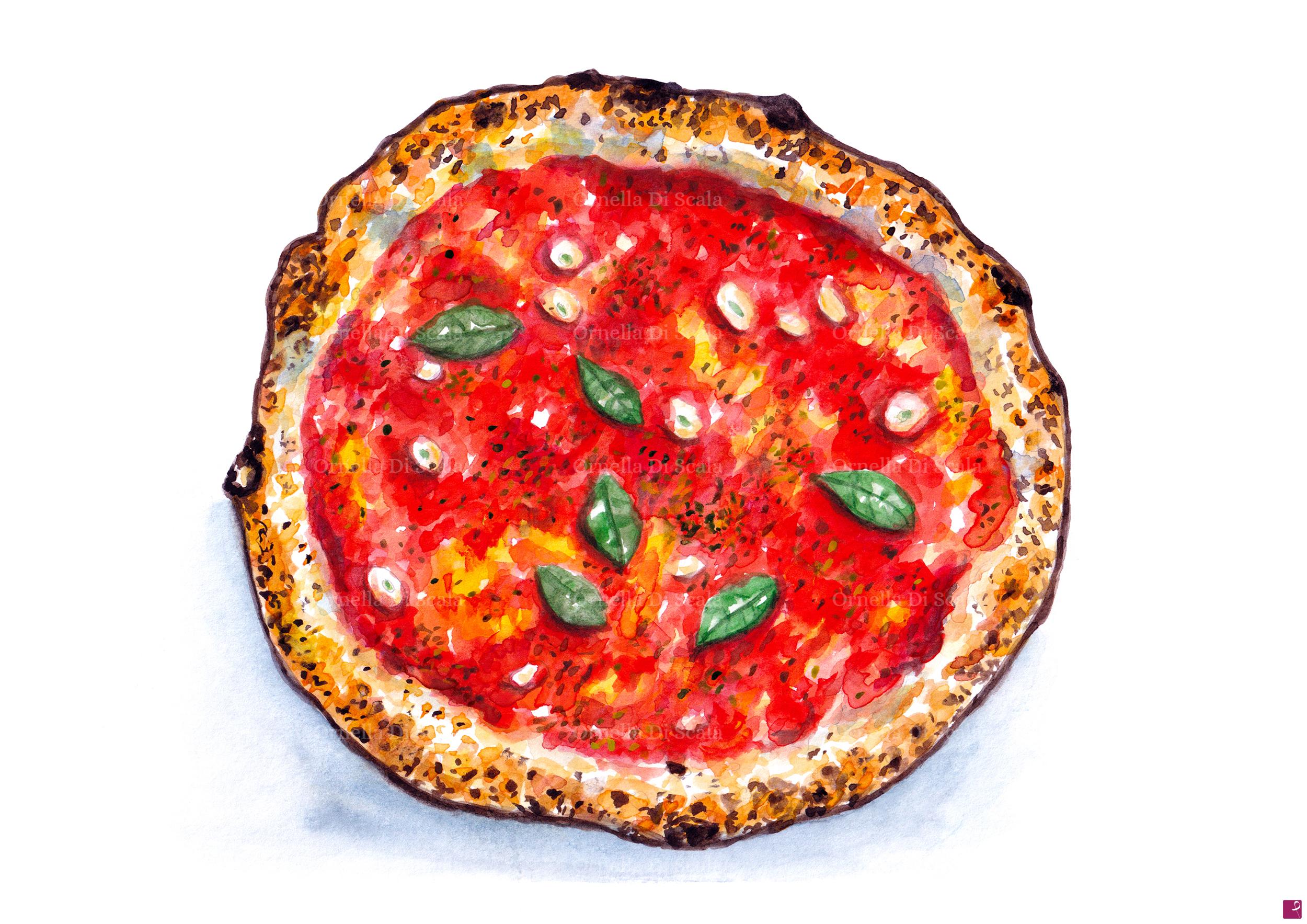 quadri in vendita online - Acquerello Pizza marinara napoletana dipinto a mano