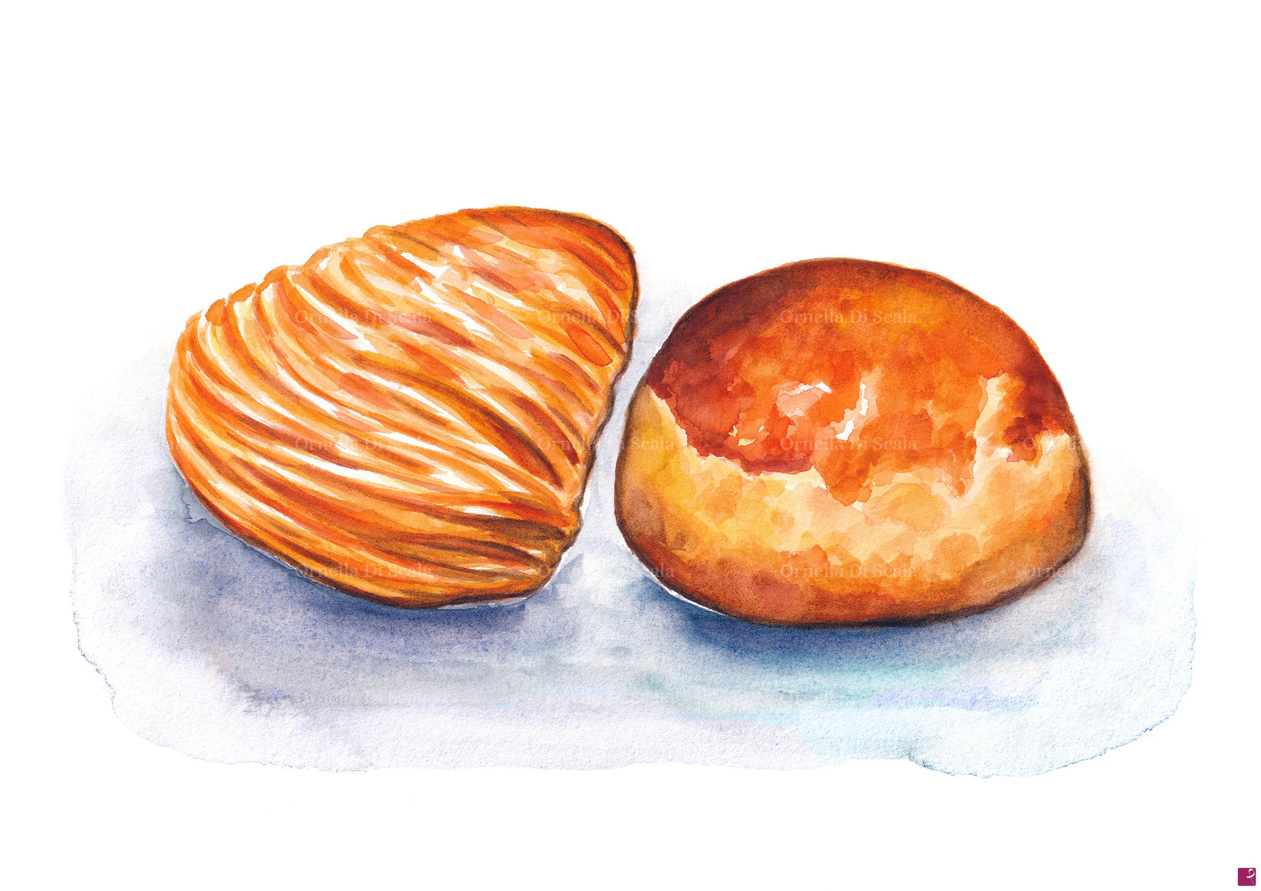 quadri in vendita online - Acquerello sfogliatelle riccia e frolla