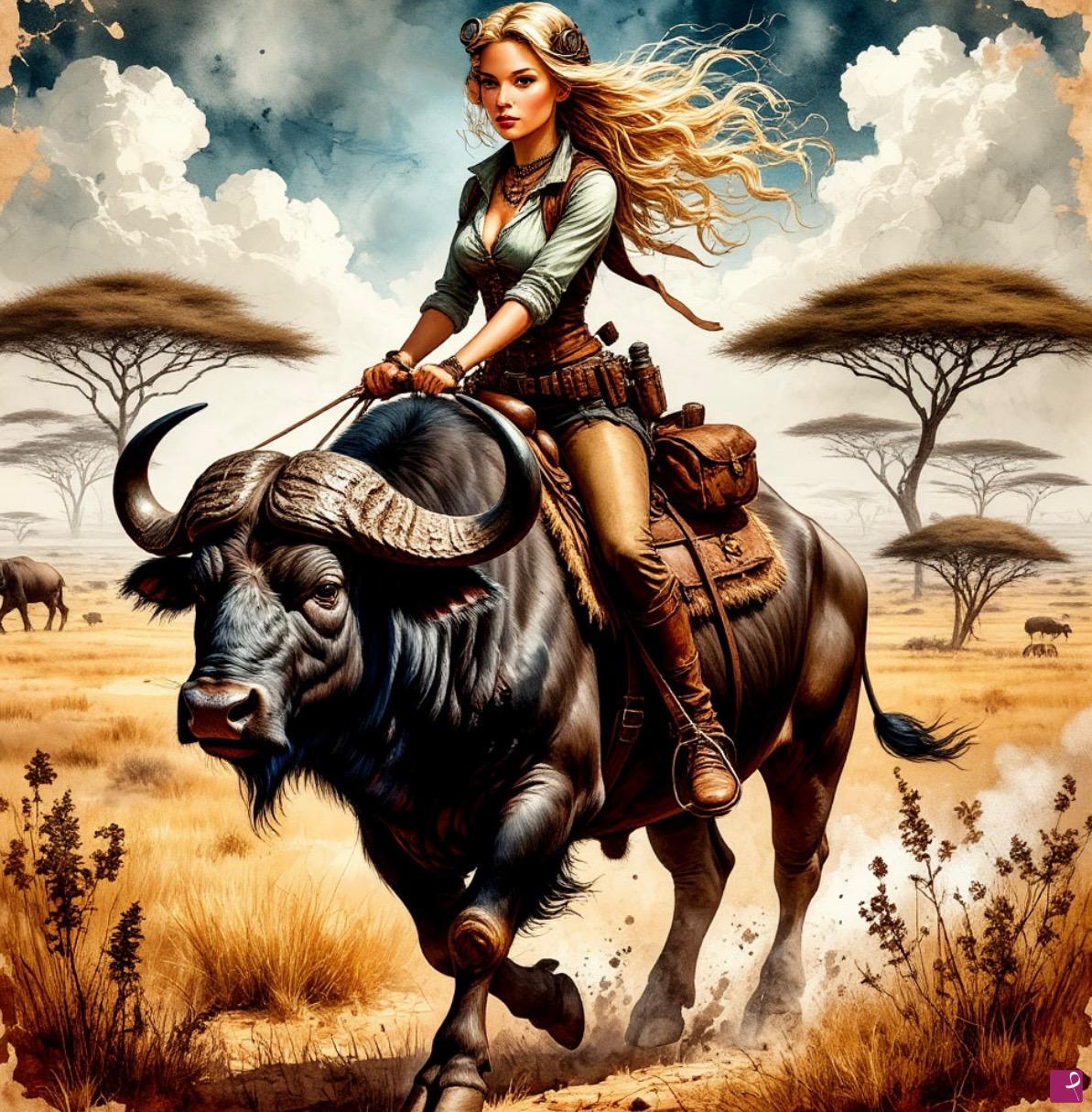 quadri in vendita online - African savanna, buffalo and girl 