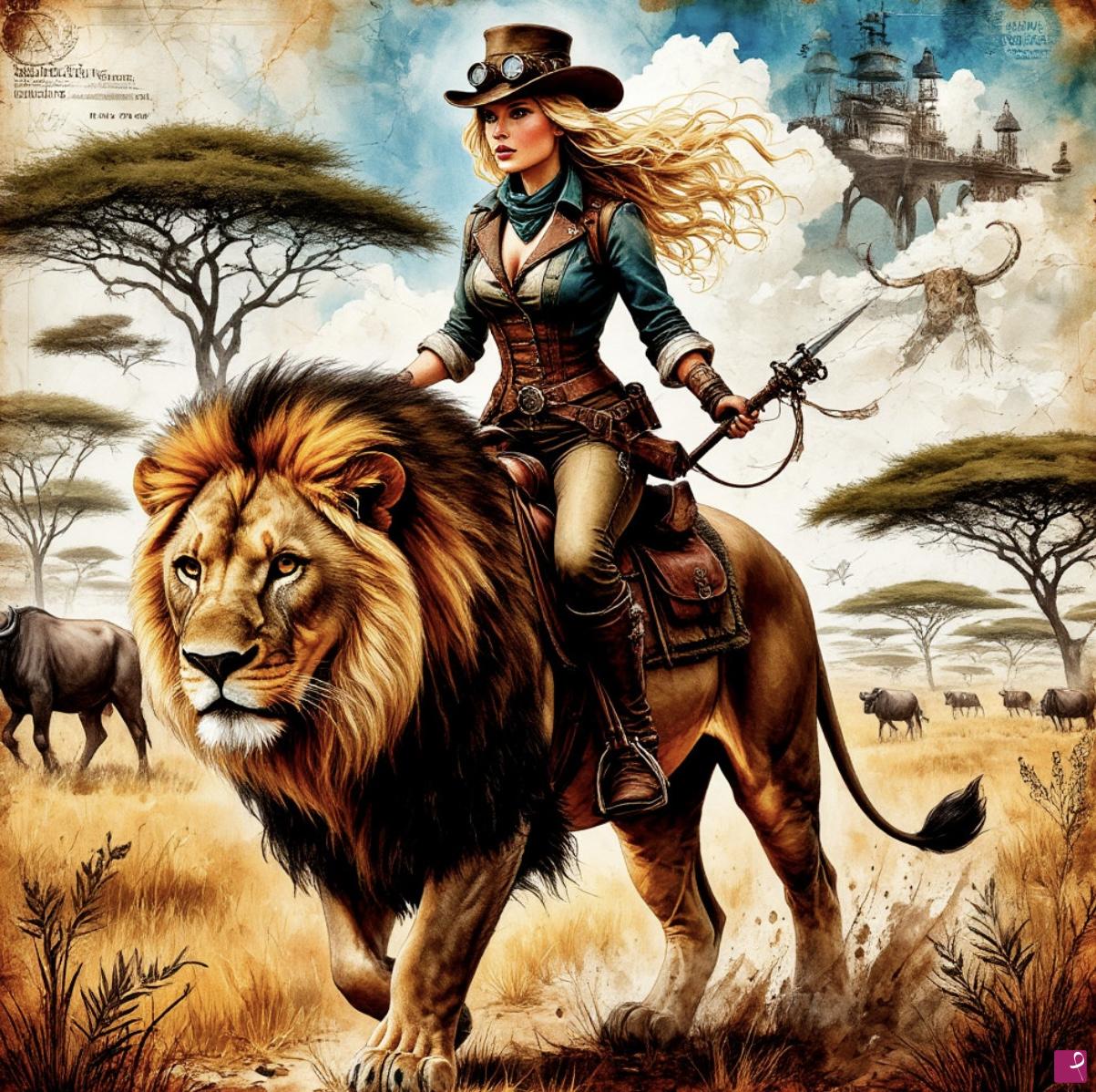 quadri in vendita online - African savanna, girl and lion