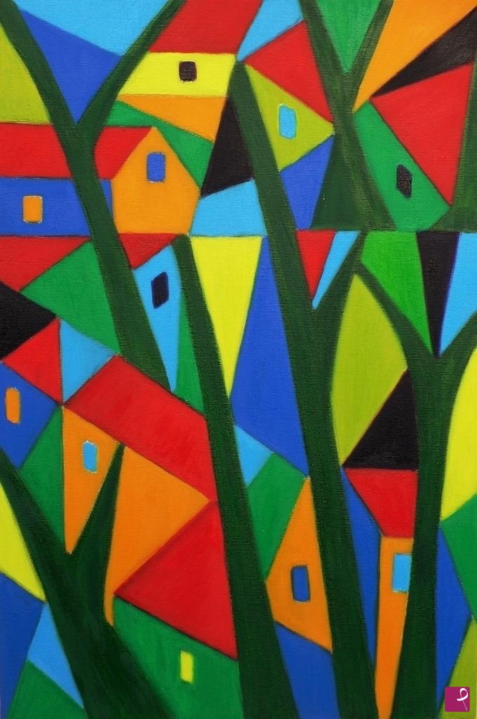 quadri in vendita online - Al di la degli alberi il villaggio