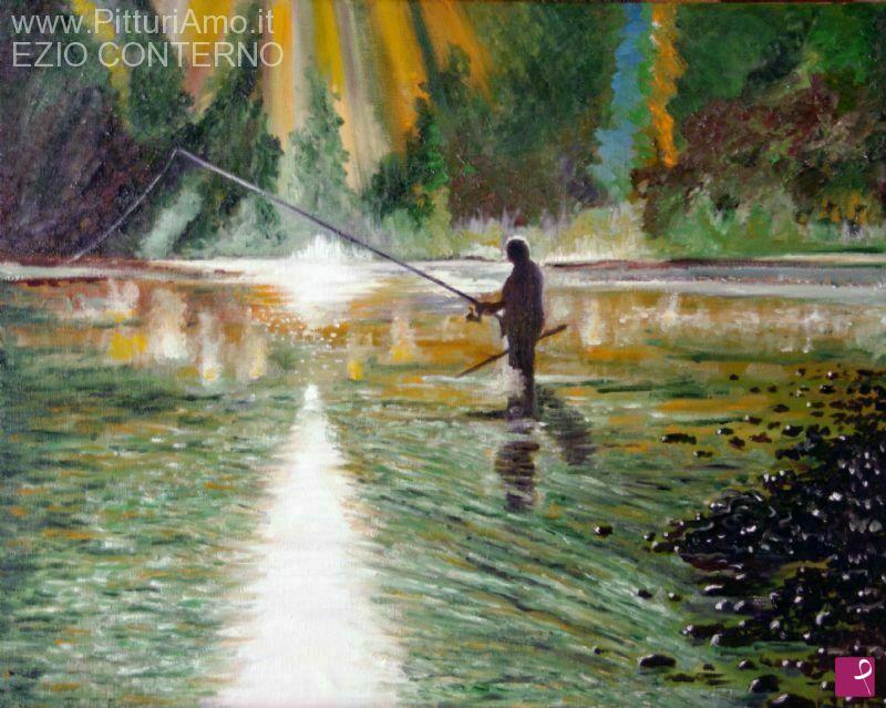 quadri in vendita online - Alba sul Tanaro - A pesca - Pescatore solitario
