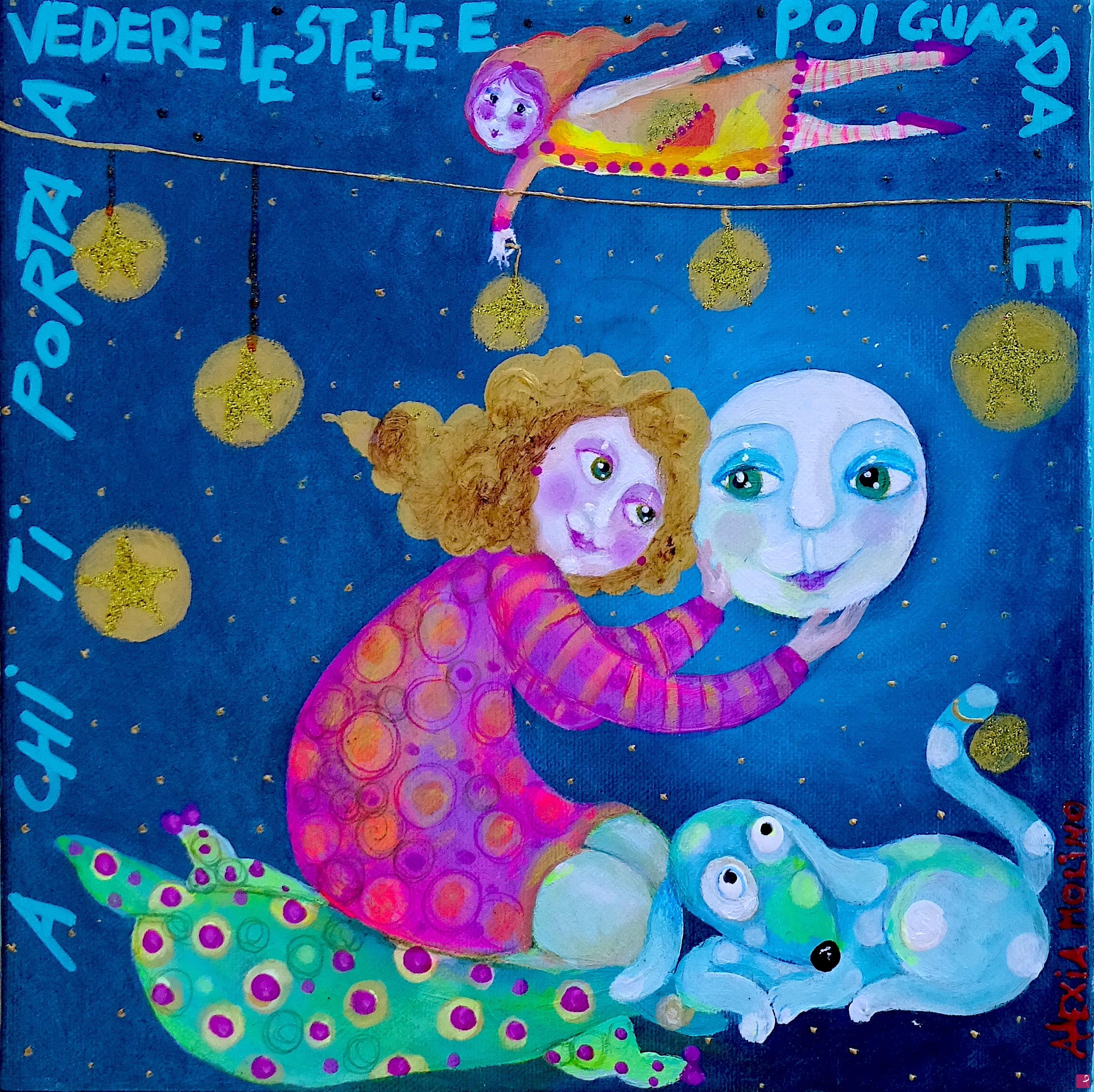 quadri in vendita online - Alexia Molino - A chi ti porta a vedere le stelle e poi guarda te (20x20 acrilico + tecniche miste)