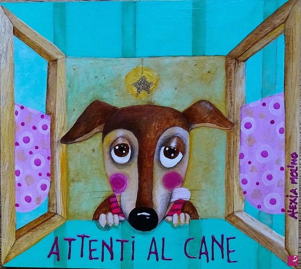quadri in vendita online - Alexia Molino - Attenti al cane (24,5x22,3 su legno)