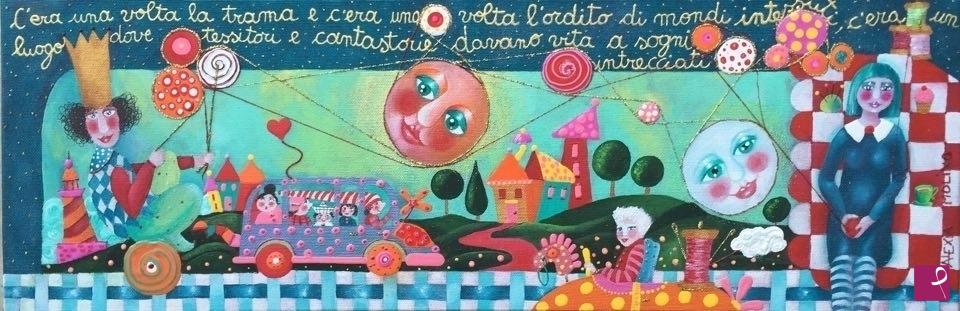 quadri in vendita online - Alexia Molino - C'era una volta la trama e c'era una volta l'ordito di mondi intessuti; c'era un luogo dove tessitori e cantastorie davano vita a sogni intrecciati (20x60)