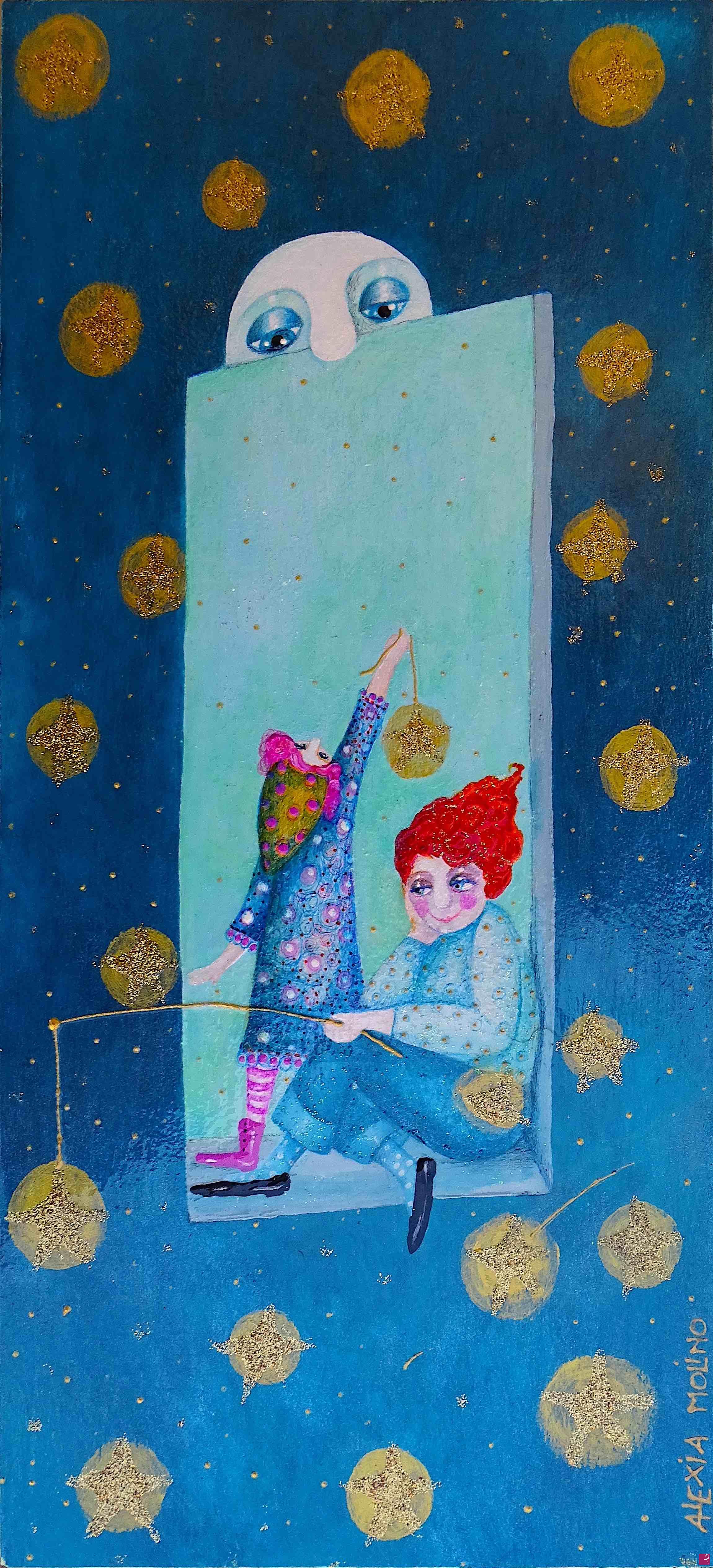 quadri in vendita online - Alexia Molino - Il cercatore di stelle (18x39 acrilico + T.M su legno)