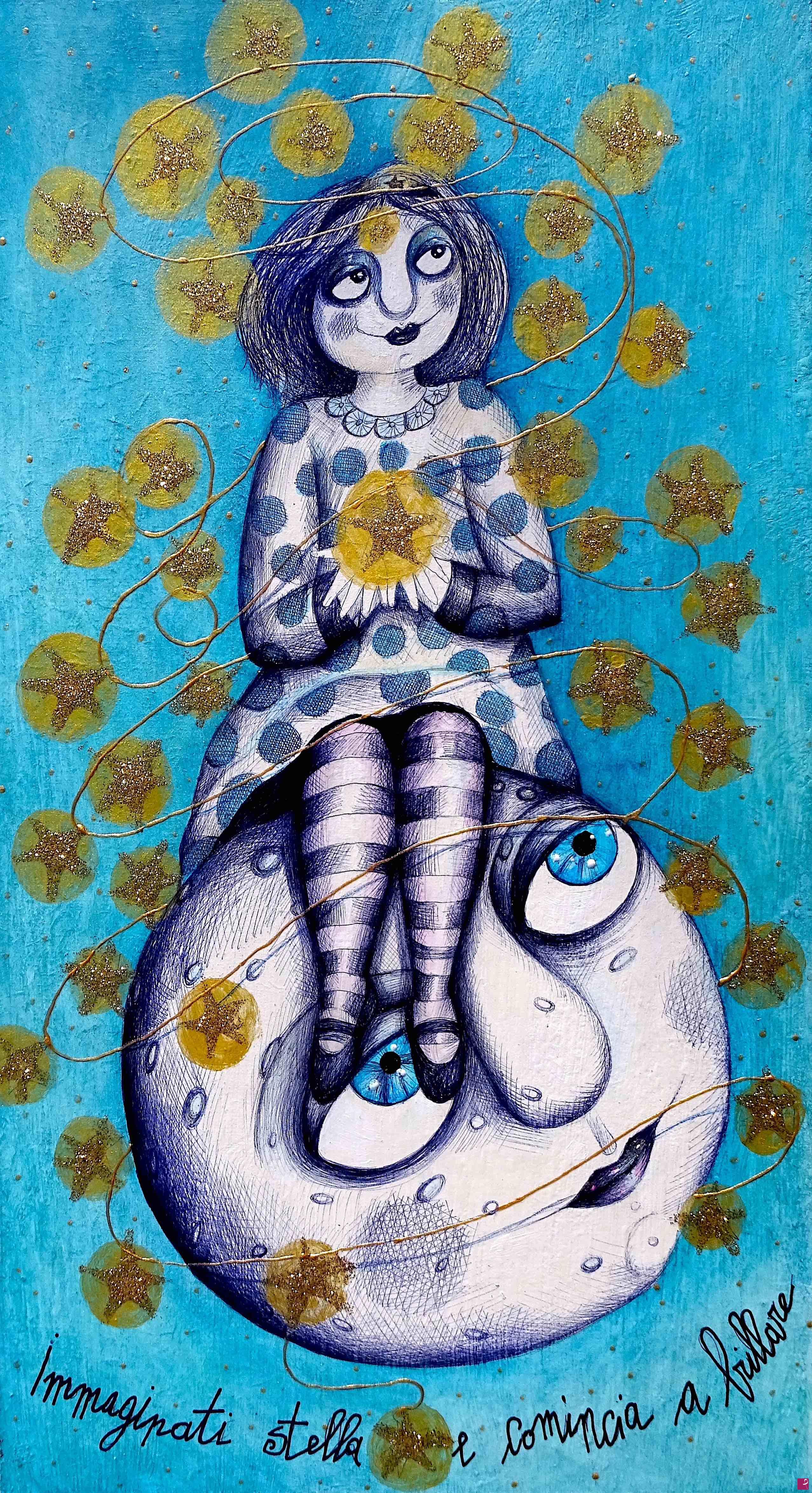 quadri in vendita online - Alexia Molino - Immaginati stella e comincia a brillare (21,5x39 acrilico, penna e glitter su legno)