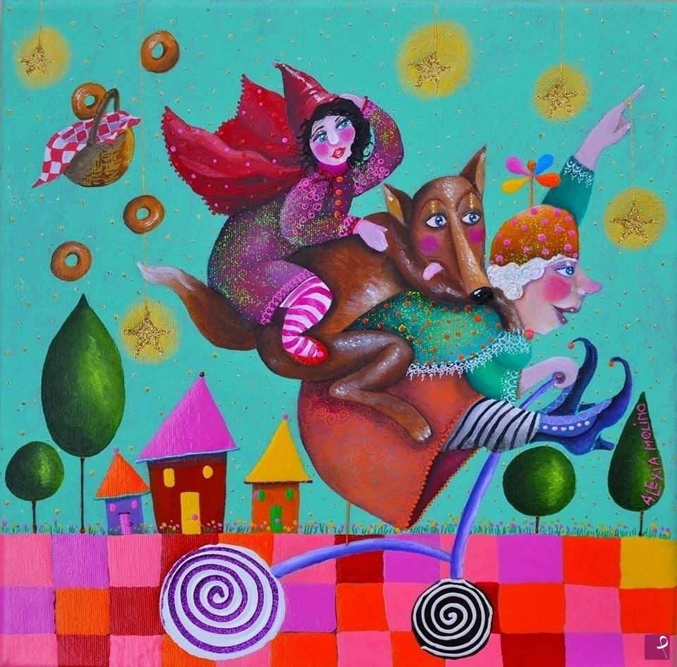 quadri in vendita online - Alexia Molino - La nonna di cappuccetto rosso è in fuga (30x30)
