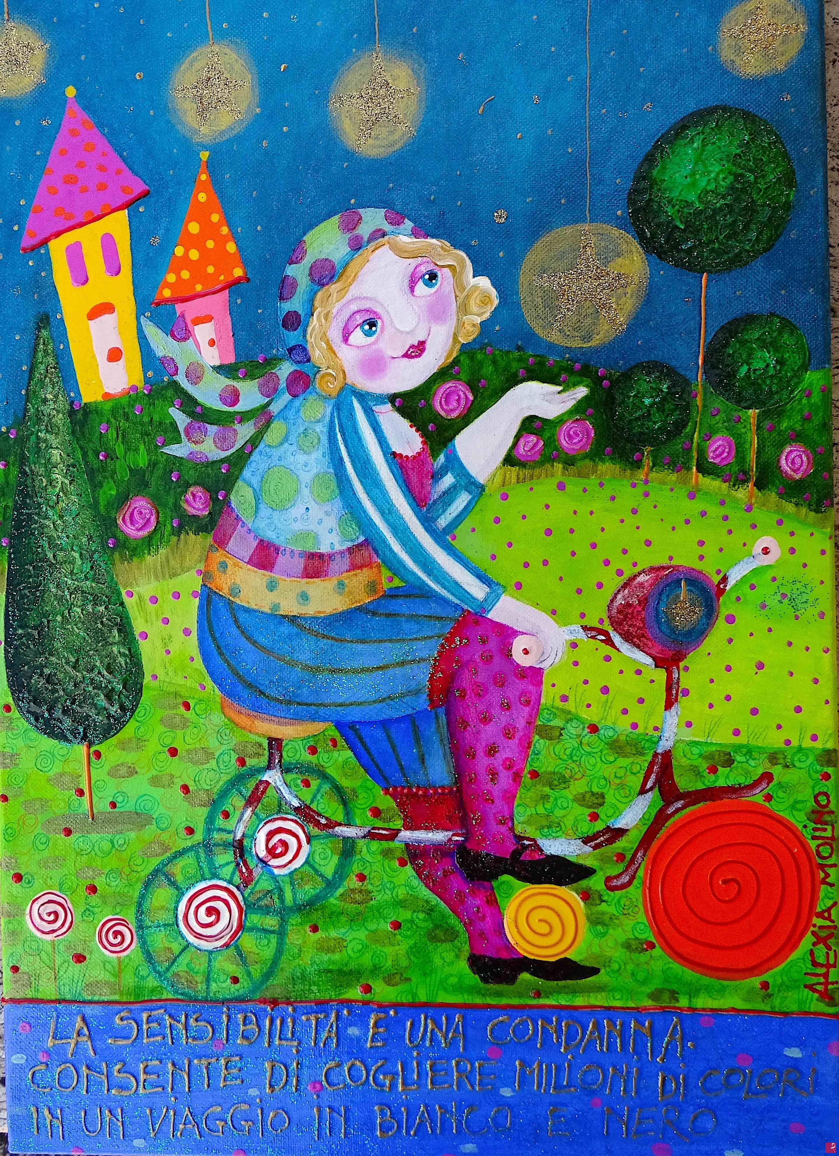 quadri in vendita online - Alexia Molino - La sensibilità è una condanna.  Consente di cogliere milioni di colori in un viaggio in bianco e nero (acrilico su tela 25x35)
