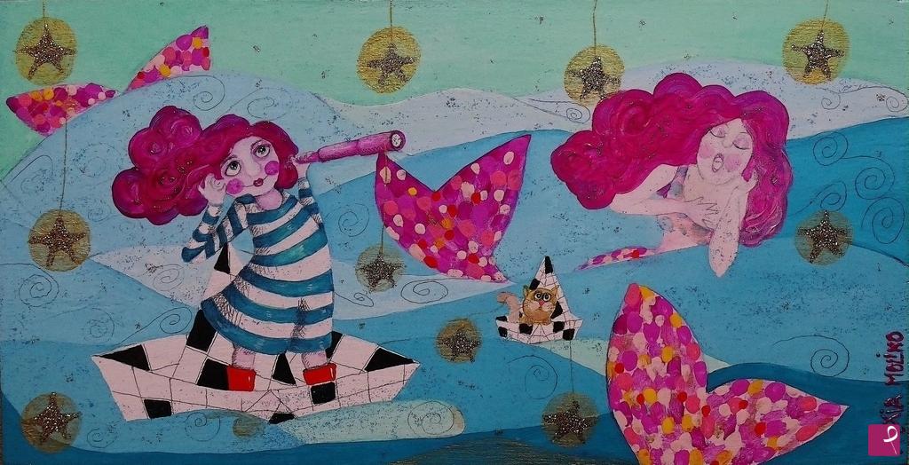 quadri in vendita online - Alexia Molino - Le sirene, la voce immaginaria del mare (36x18,5 su legno)