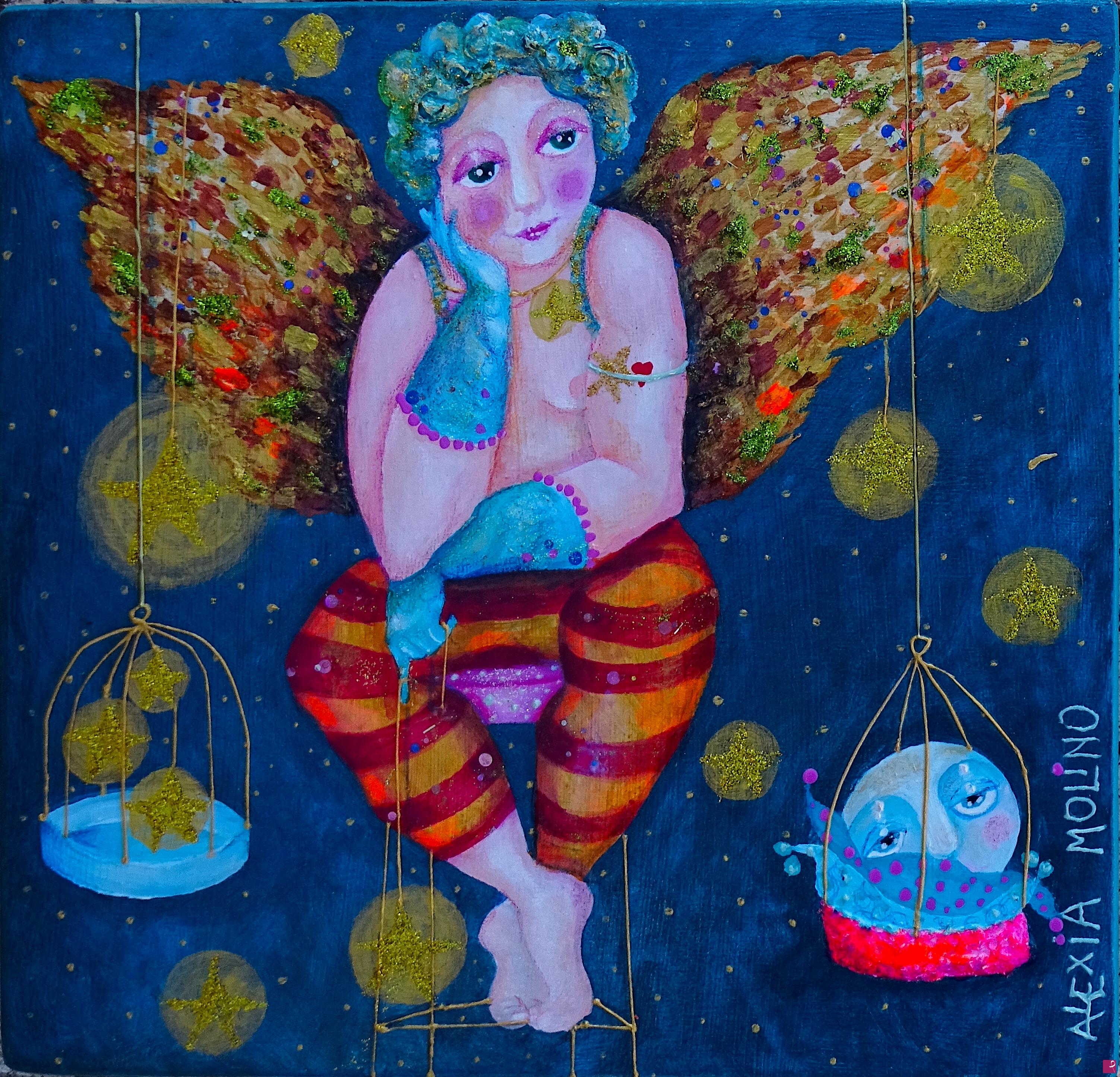 quadri in vendita online - Alexia Molino - Lì dove veglia l'angelo, la notte trattiene il suo respiro, la luna e le stelle riposano in gabbie di luce, e il silenzio diventa preghiera ❤ (24x25 acrilico + tecniche miste su legno)