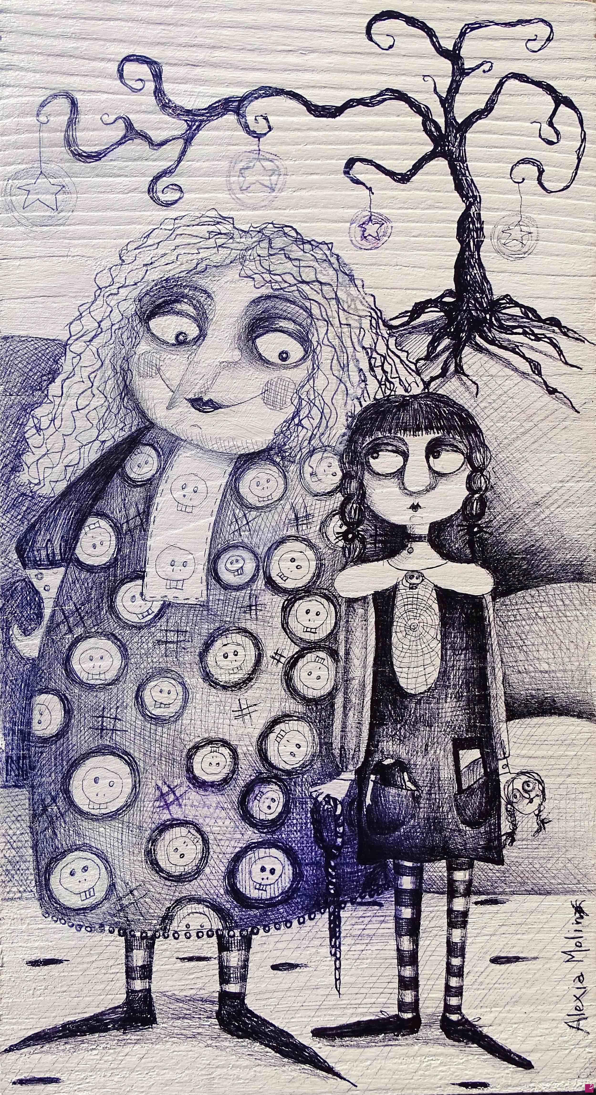 quadri in vendita online - Alexia Molino - Mercoledì Addams e la nonna (inchiostro su legno 16,2x30)