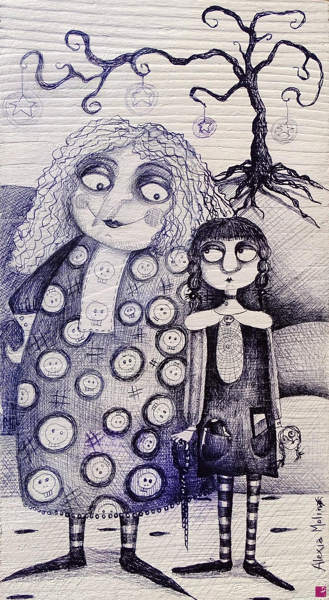 quadri in vendita online - Alexia Molino - Mercoledì Addams e la nonna (inchiostro su legno 16,2x30)