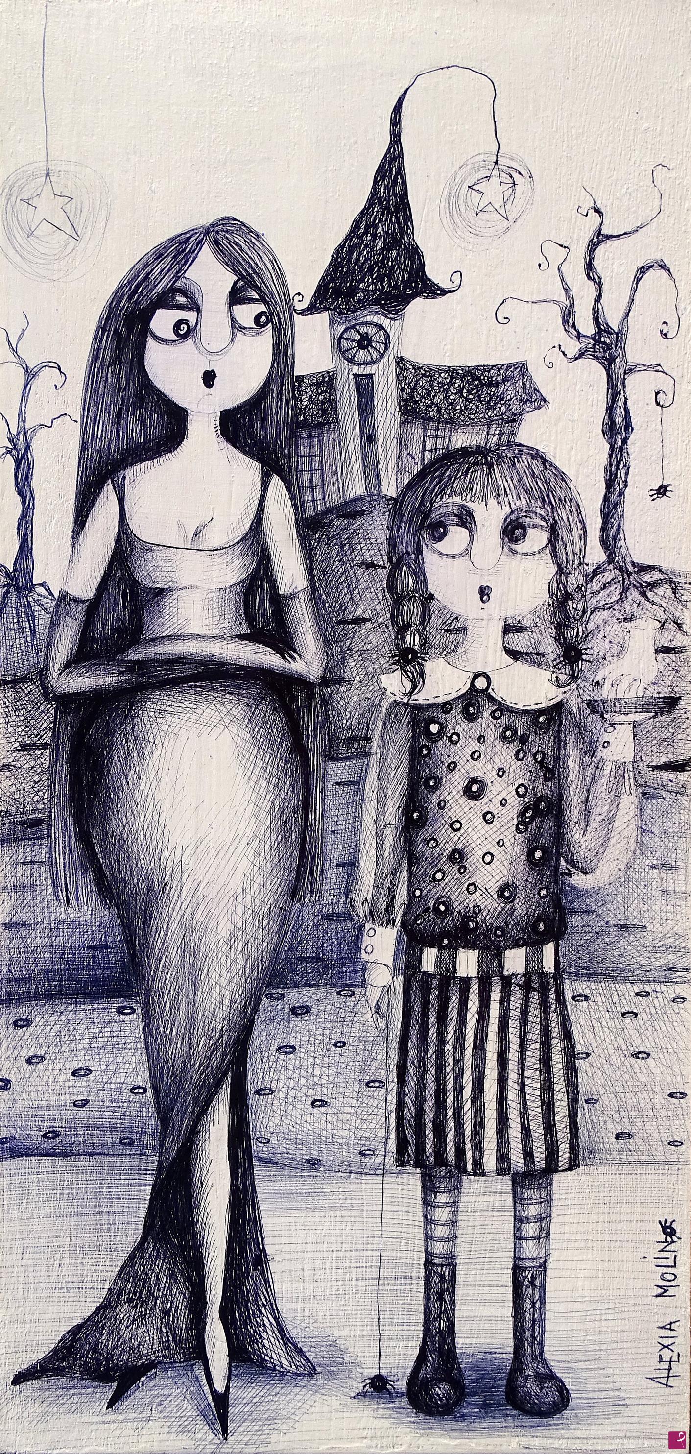 quadri in vendita online - Alexia Molino - Mercoledì Addams e Morticia Addams (inchiostro su legno 15,2x32)