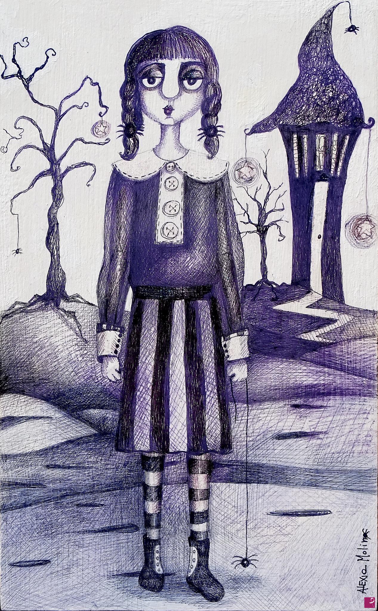 quadri in vendita online - Alexia Molino - Mercoledì e la nonna (inchiostro su legno 16,2x30)