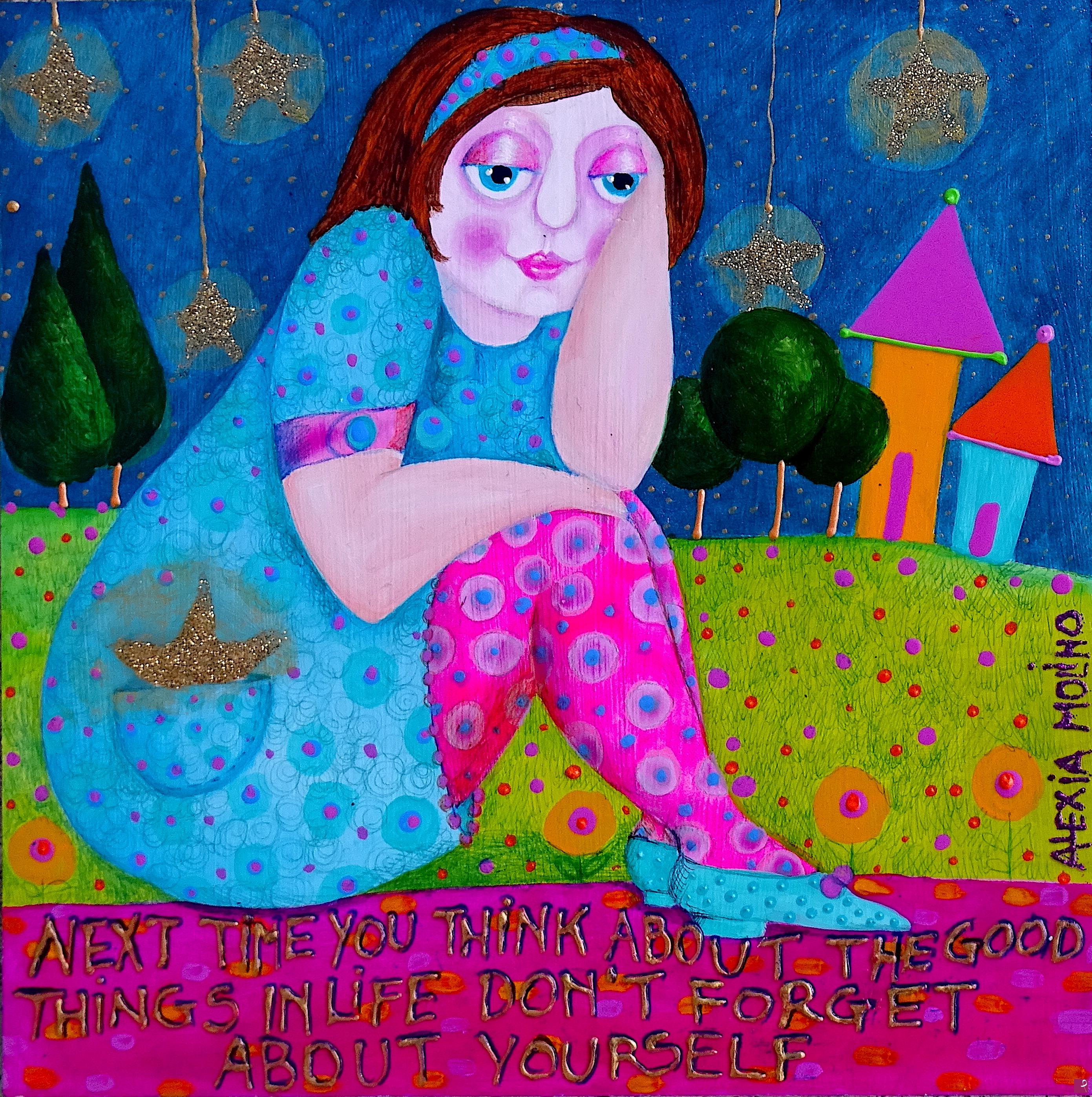 quadri in vendita online - Alexia Molino - Next time you think about the good things in life don't forget about yourself (23,5x23,5 acrilico su mdf)