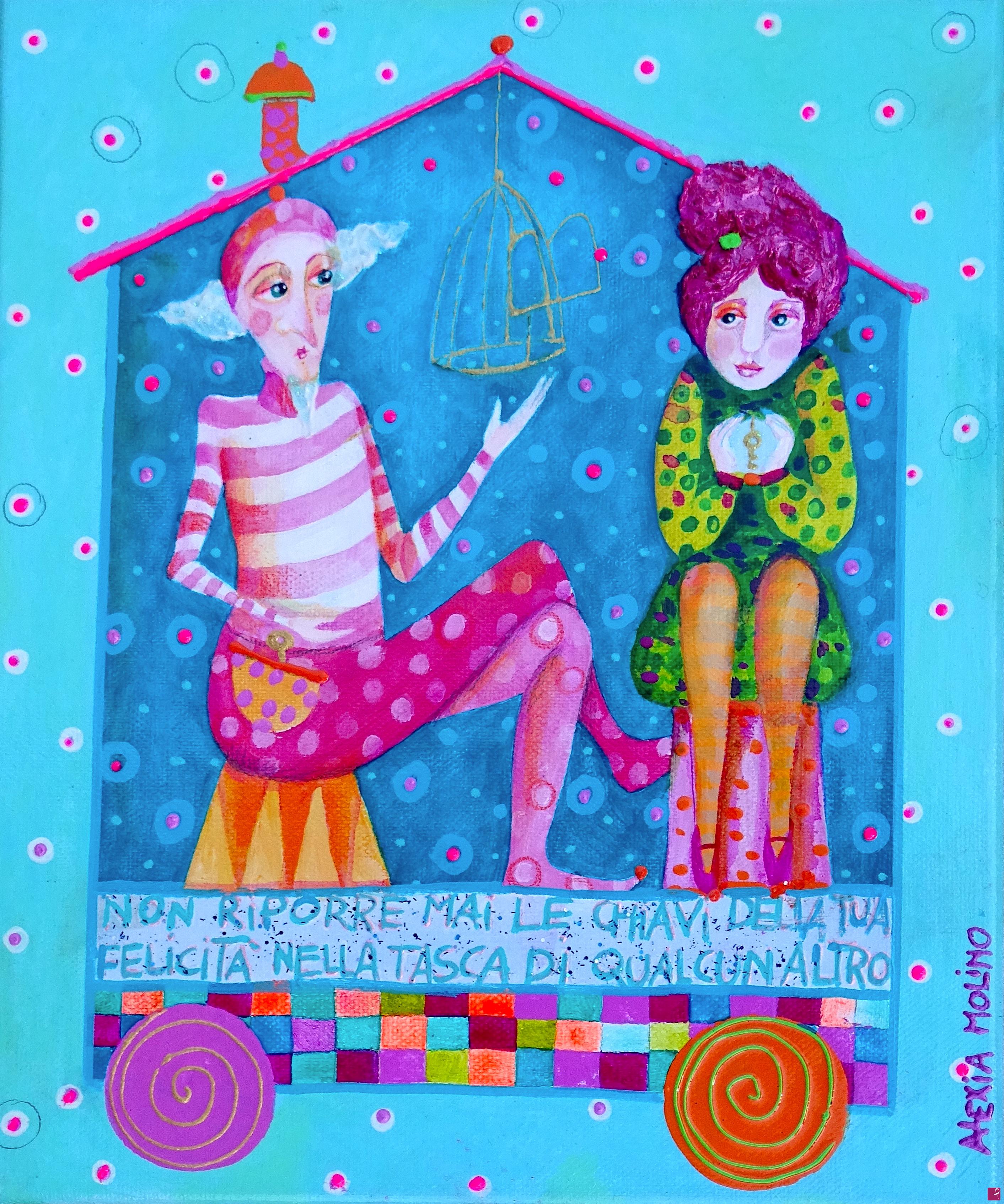 quadri in vendita online - Alexia Molino - Non riporre MAI le chiavi della tua felicità nella tasca di qualcun altro (25x30 acrilico + tecniche miste)