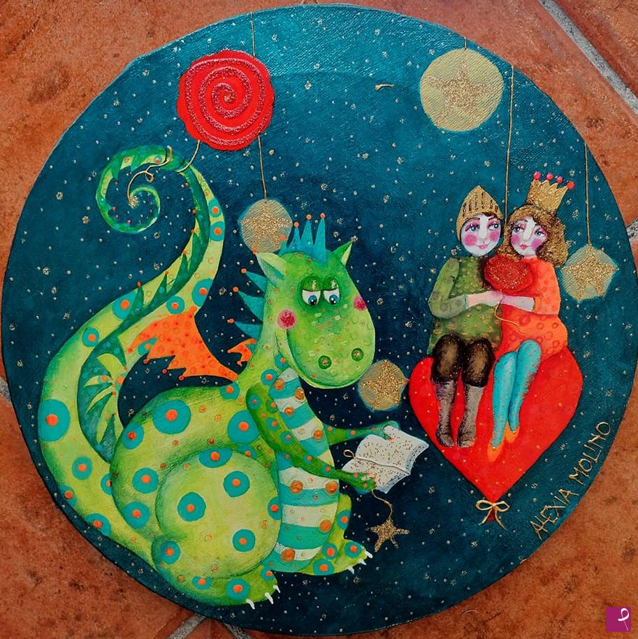 quadri in vendita online - Alexia Molino - San Giorgio, la principessa e il drago (30x30 acrilico su tela) 