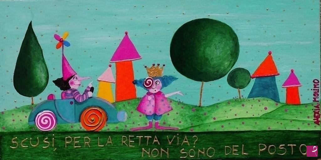 quadri in vendita online - Alexia Molino - Scusi, per la retta via? Non sono del posto (17,3x34,3 acrilico su legno)