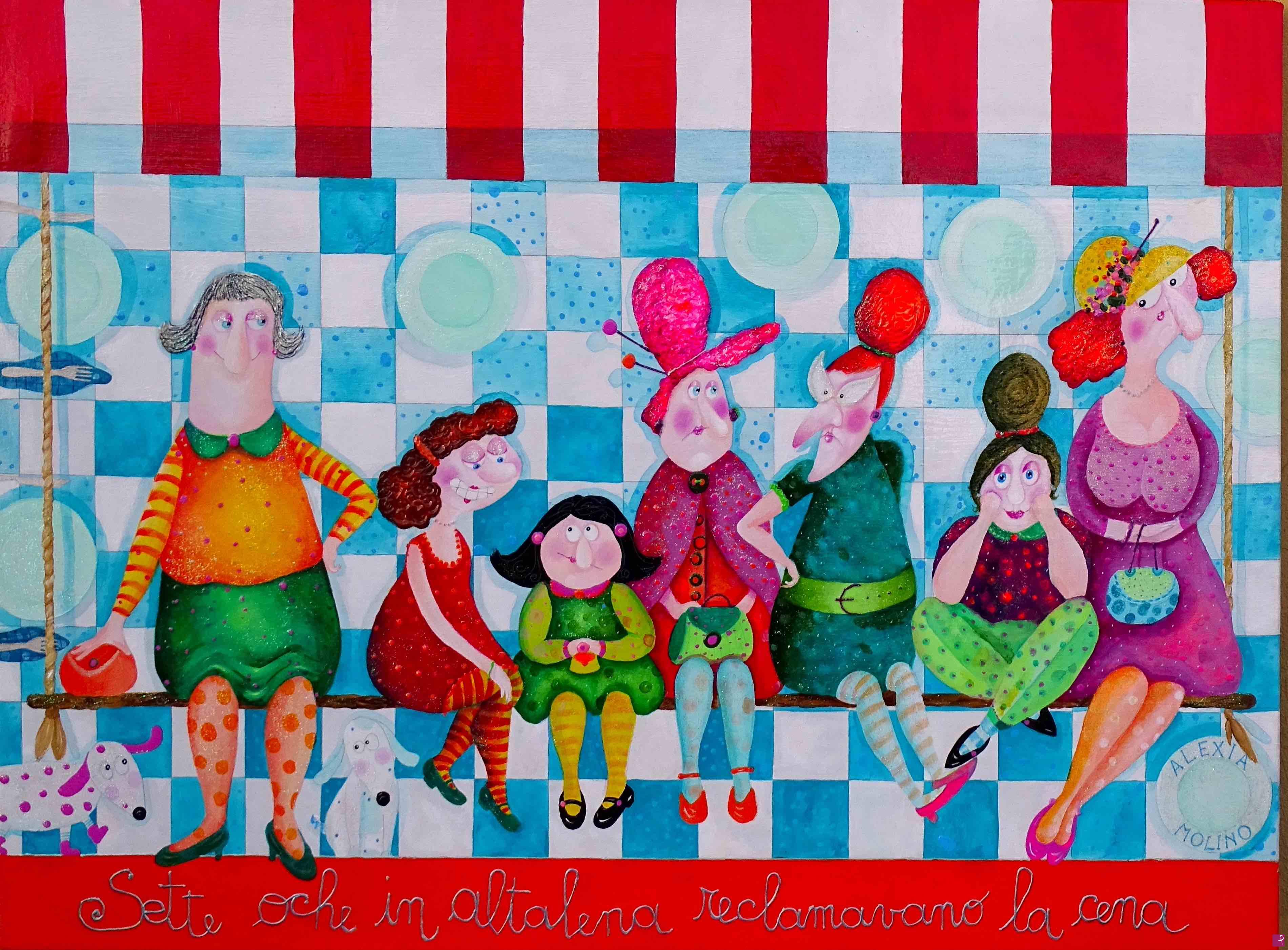 quadri in vendita online - Alexia Molino - Sette oche in altalena reclamavano la cena (60x80 acrilico su tela)