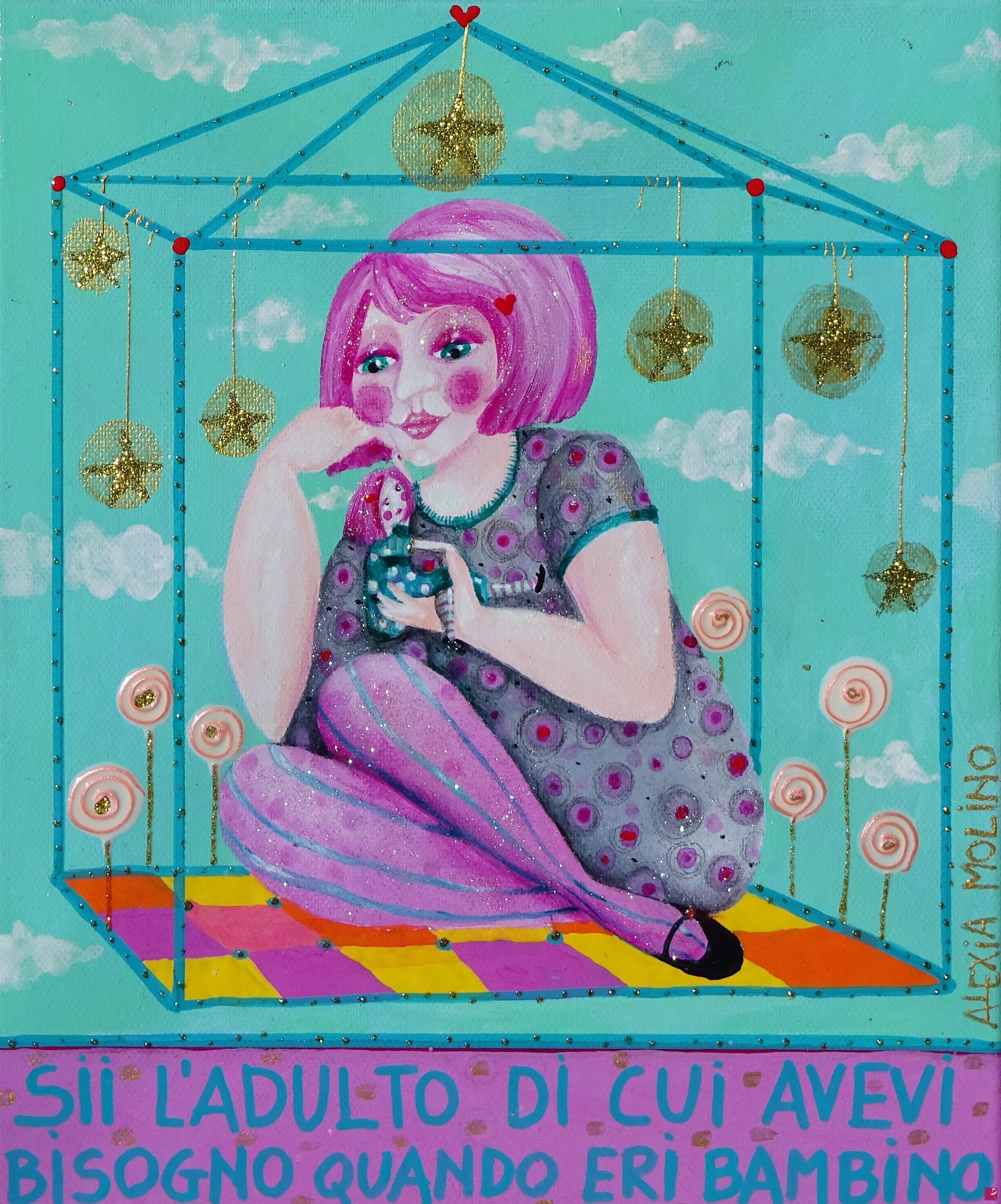 quadri in vendita online - Alexia Molino - Sii l'adulto di cui avevi bisogno quando eri bambino (acrilico + tecniche miste 25x30)