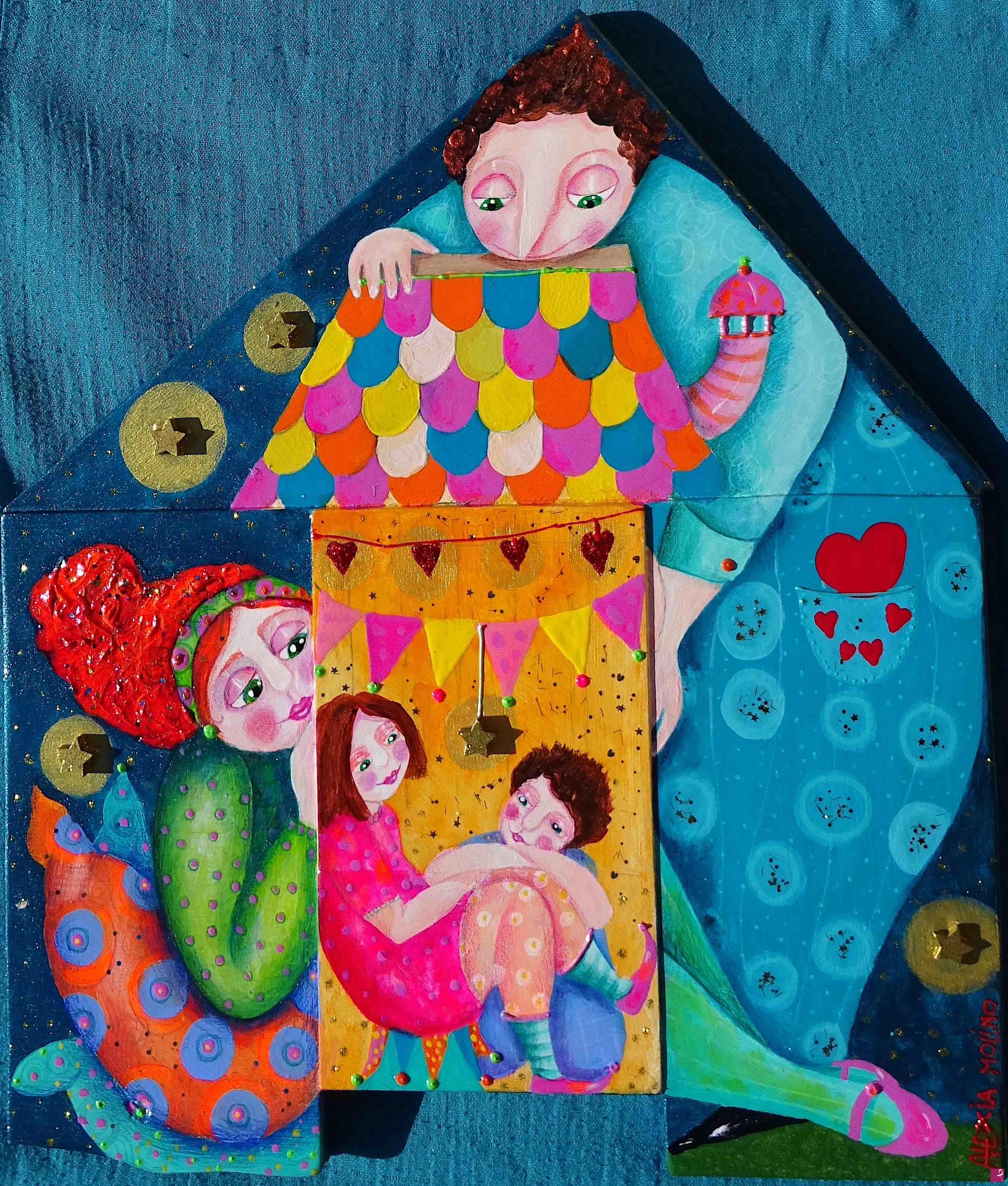 quadri in vendita online - Alexia Molino - The family (acrilico + tecniche miste su legno 41x36)