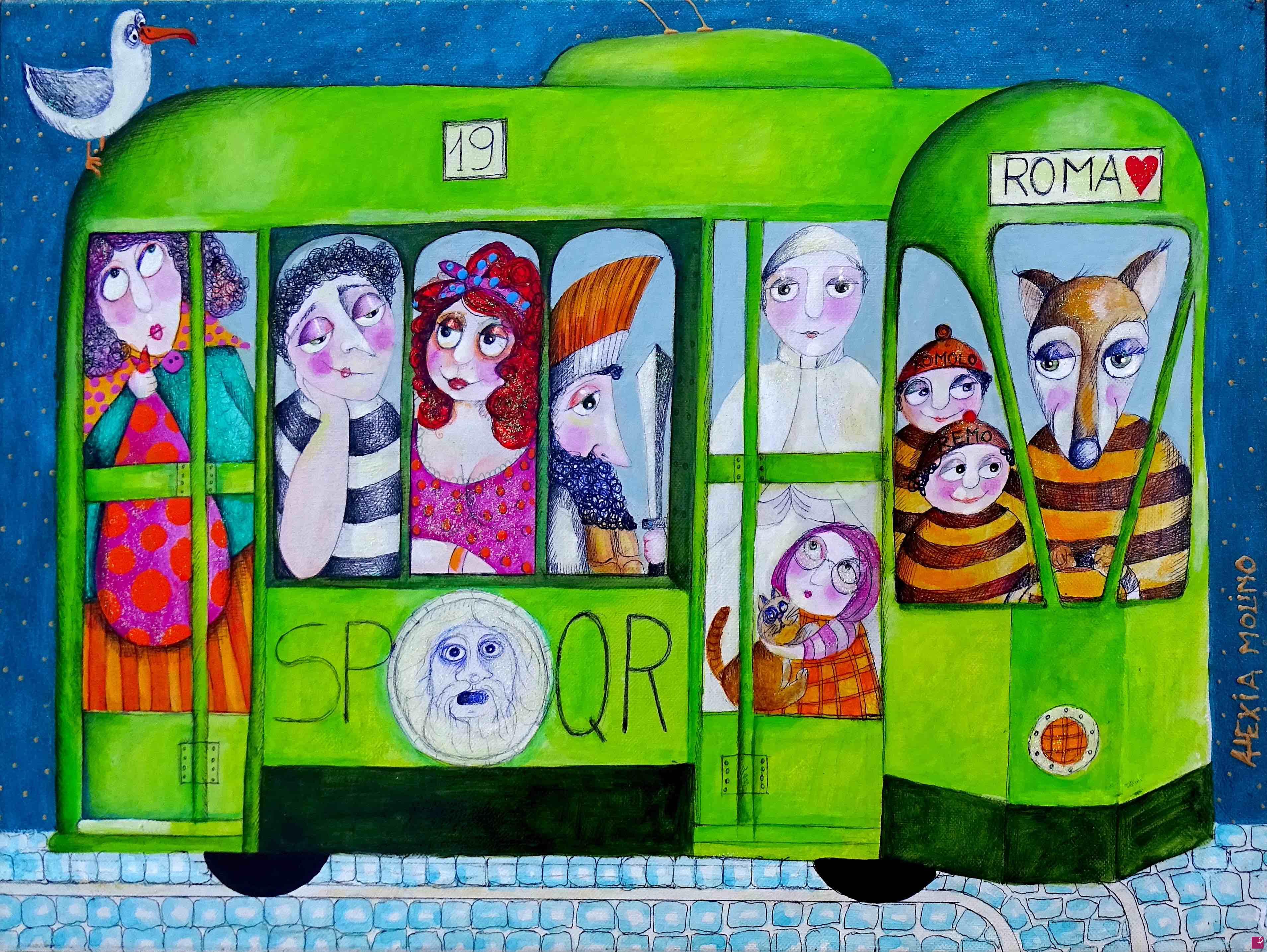 quadri in vendita online - Alexia Molino - Tram 19 fermata Valle Giulia...Qui scendi e vai al Museo Nazionale Etrusco di Villa Giulia di Roma (40x30 acrilico su tela)