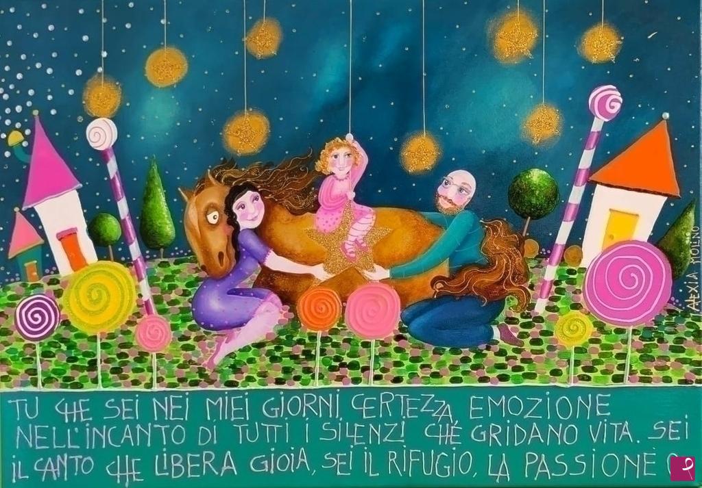 quadri in vendita online - Alexia Molino - Tu che sei nei miei giorni certezza, emozione nell'incanto di tutti i silenzi che gridano vita, sei il canto che libera gioia,sei il rifugio, la passione (40x50)