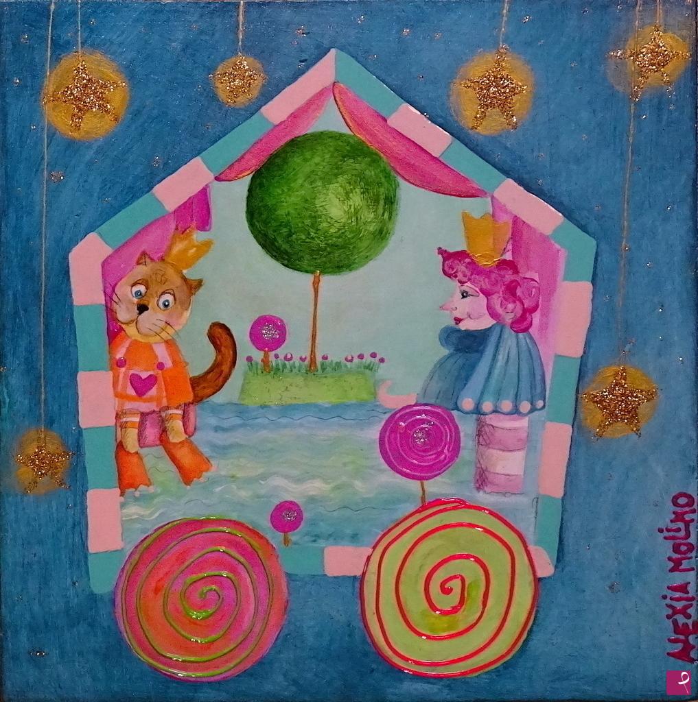 quadri in vendita online - Alexia Molino - Una casa abitata da un gatto è una casa magica (20x20 acrilico su legno)