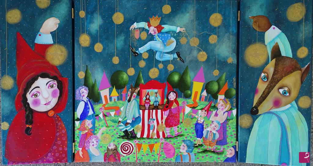 quadri in vendita online - Alexia Molino - Welcome to the Red Riding Hood Theatre (triptych), 2022 - 90 cm x 50 cm