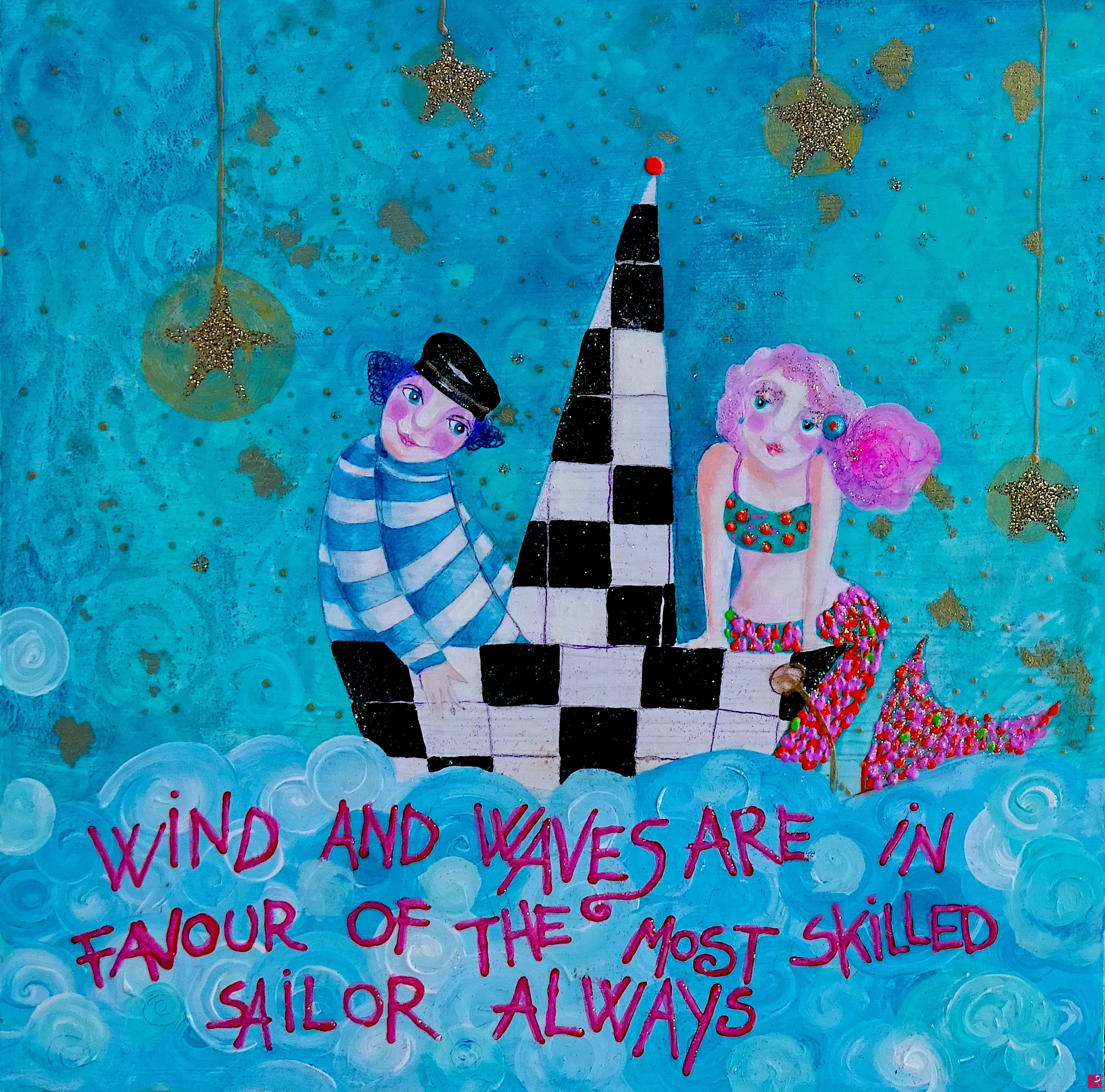 quadri in vendita online - Alexia Molino - Wind and waves are in favour of the most skilled sailor always (23,5x23,5 acrilico su mdf)
