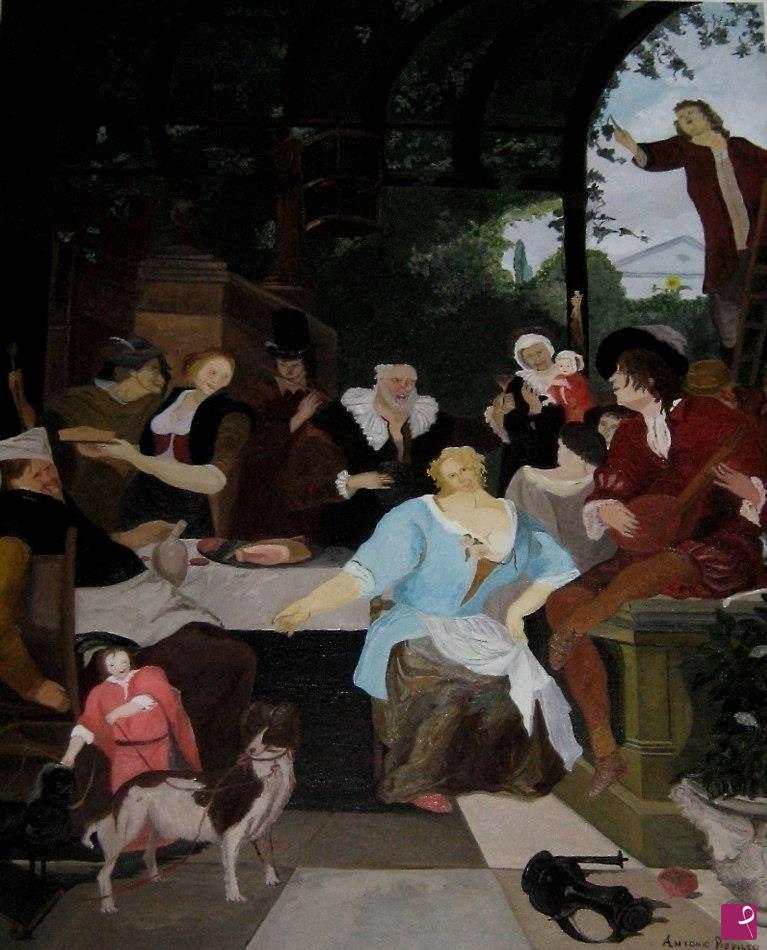 quadri in vendita online - "Allegra brigata su una veranda" (J.Steen- 1673-75)- 