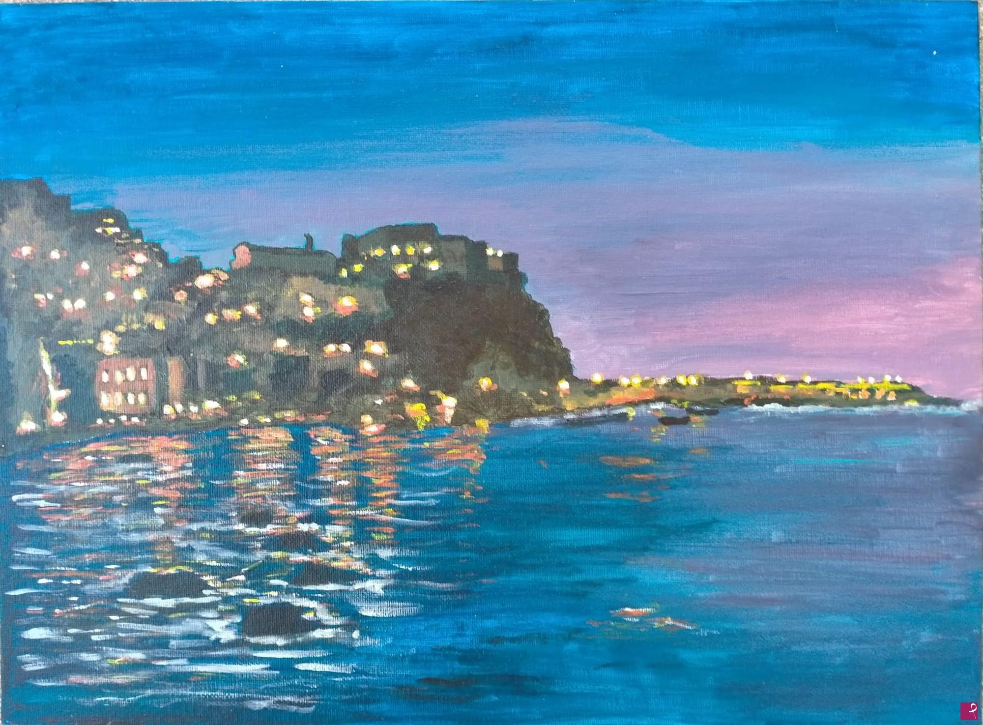 quadri in vendita online - Ammirando il Castello di Scilla in una notte d'estate