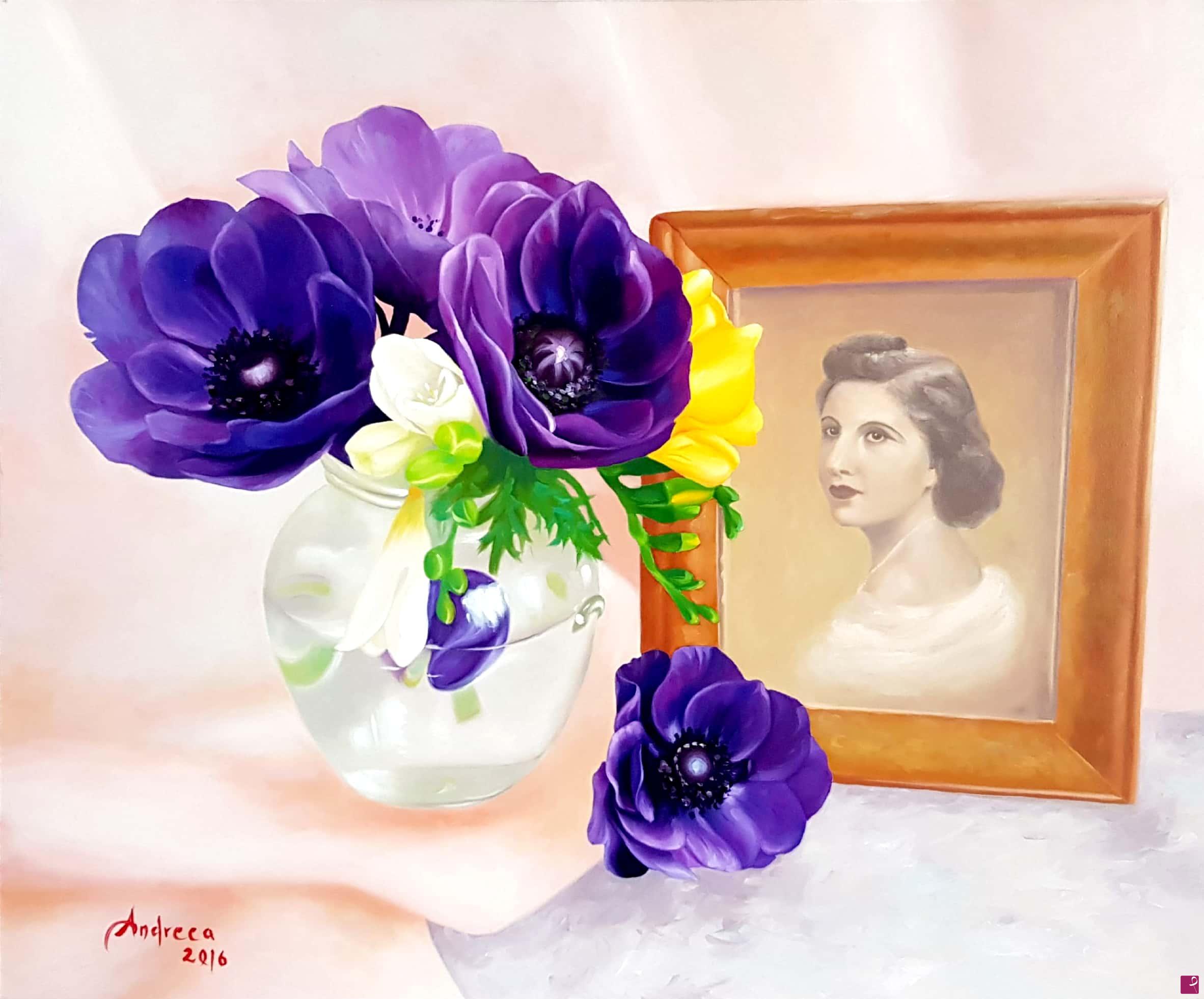 quadri in vendita online - Anemone viola e Nonna Rachele