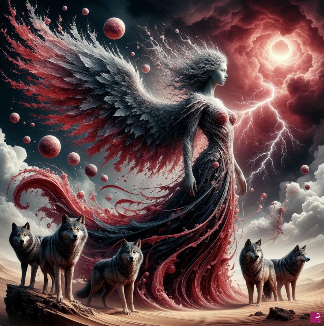 quadri in vendita online - Angel and a pack of wolves