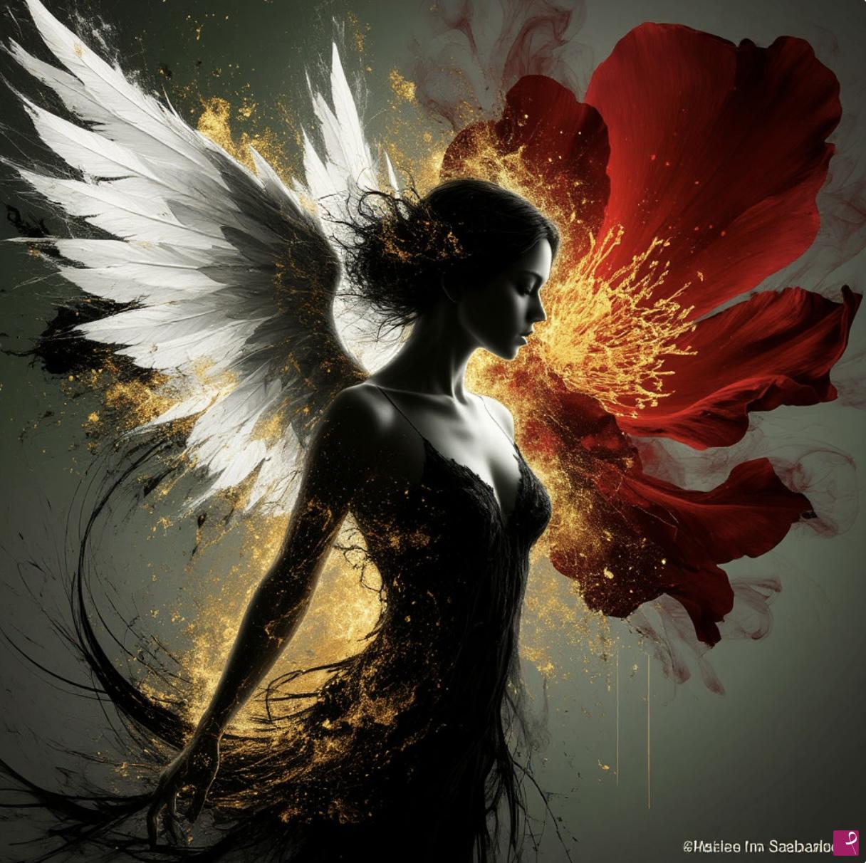 quadri in vendita online - Angel and big red flower 2