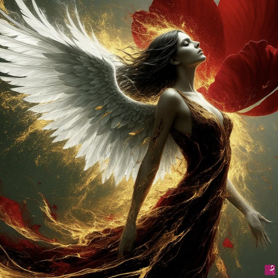 quadri in vendita online - Angel and big red flower 