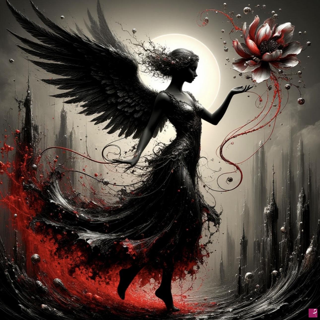 quadri in vendita online - Angel in black dress and big flower 
