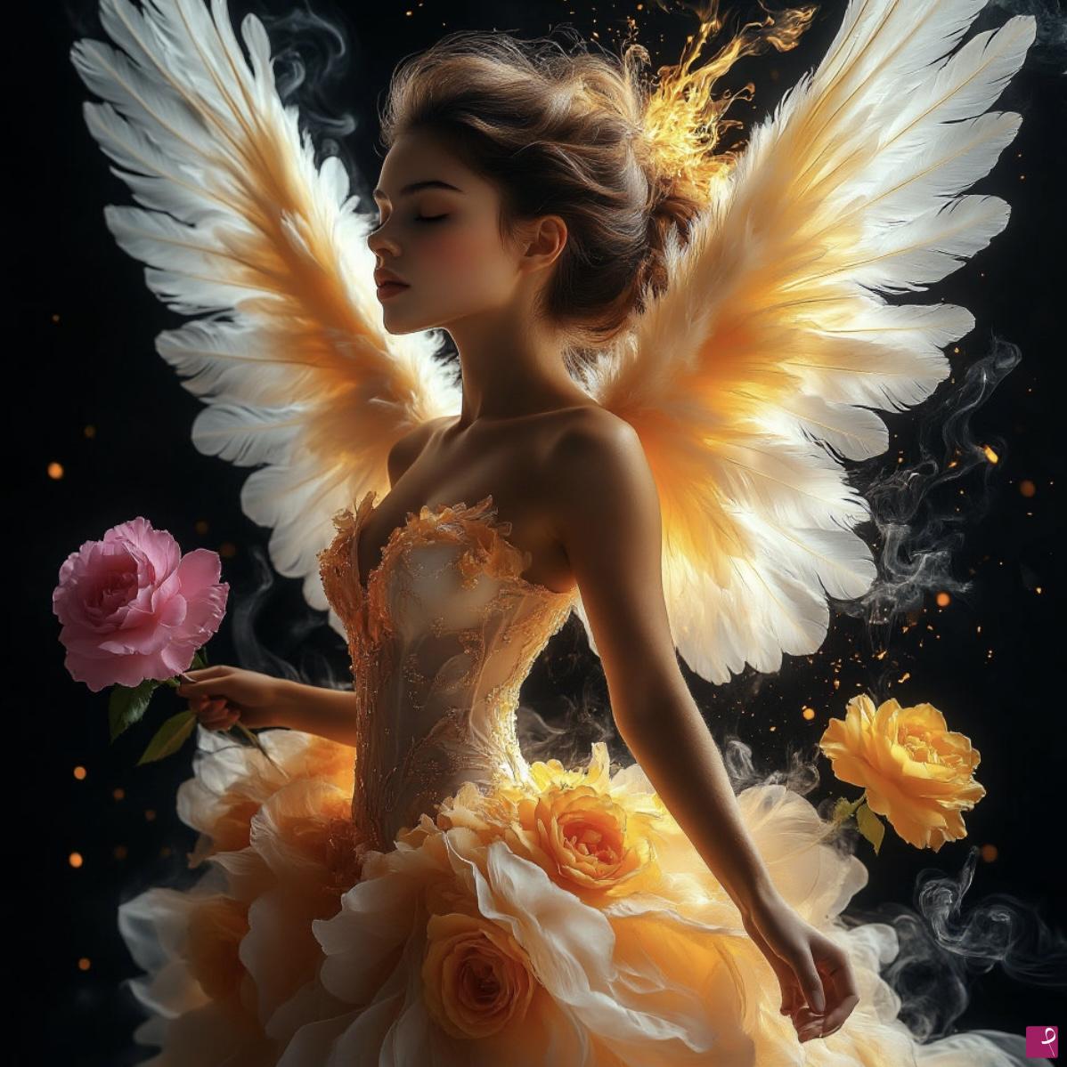 quadri in vendita online - Angel in yellow dress and flowers 